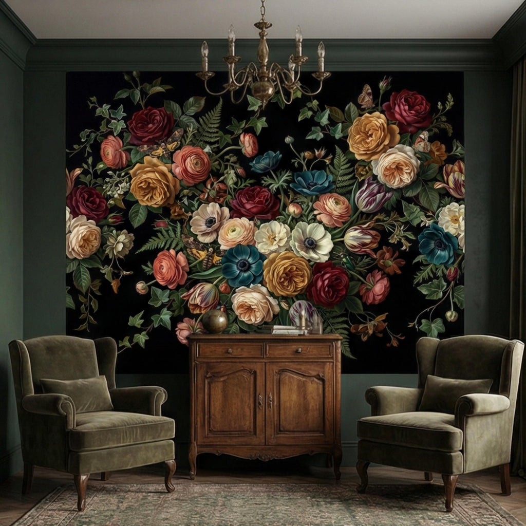 Dark Floral Moody Victorian Botanical Roses Anemones Ivy Peel and Stick Wall Mural, Vintage Black Garden Moths and Butterflies Wallpaper