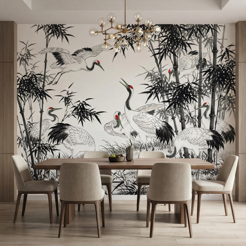 Japanese Crane Chinoiserie Bamboo Birds Peel and Stick Wall Mural, Zen Asian Wallpaper Decor Living Room Bedroom