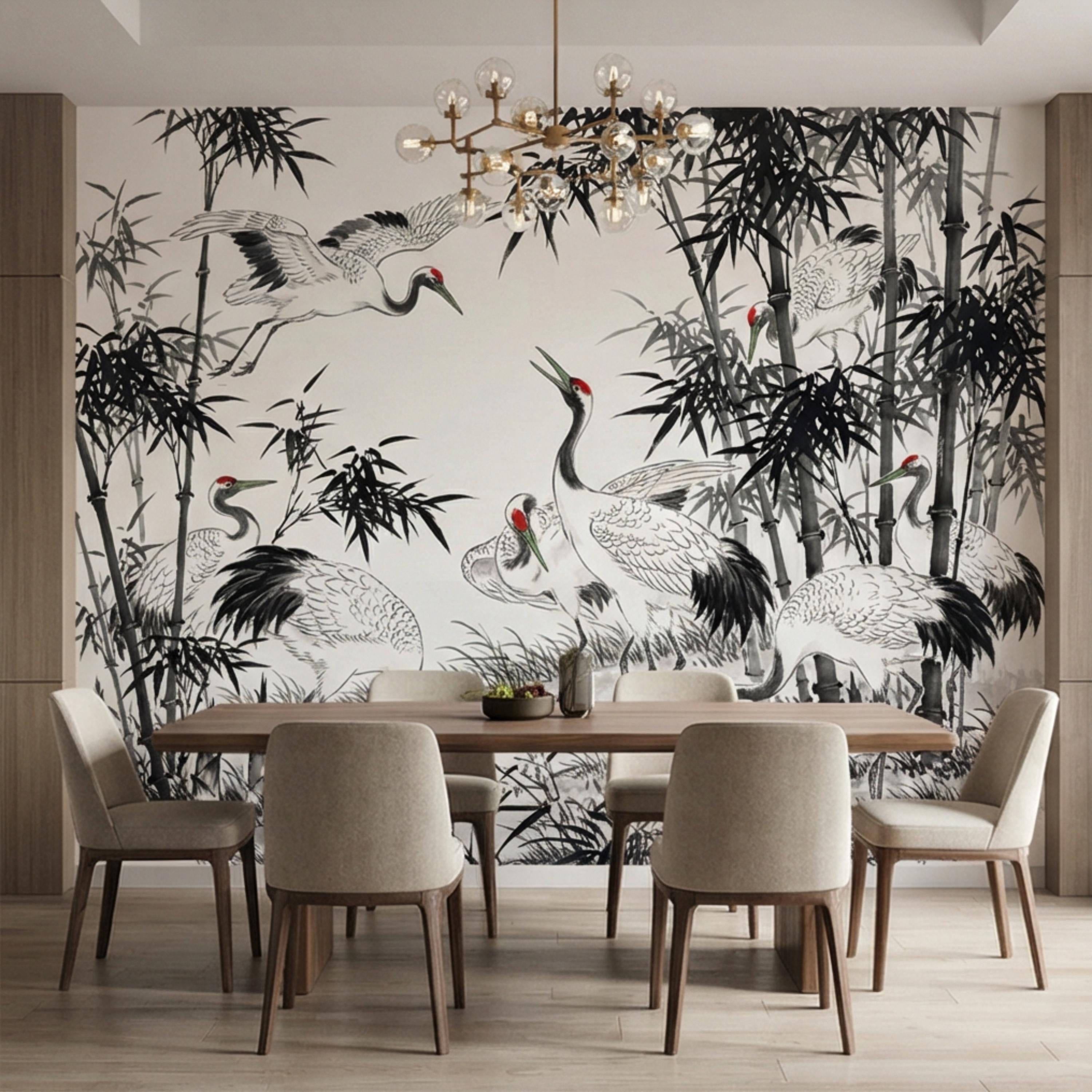 Japanese Crane Chinoiserie Bamboo Birds Peel and Stick Wall Mural, Zen Asian Wallpaper Decor Living Room Bedroom