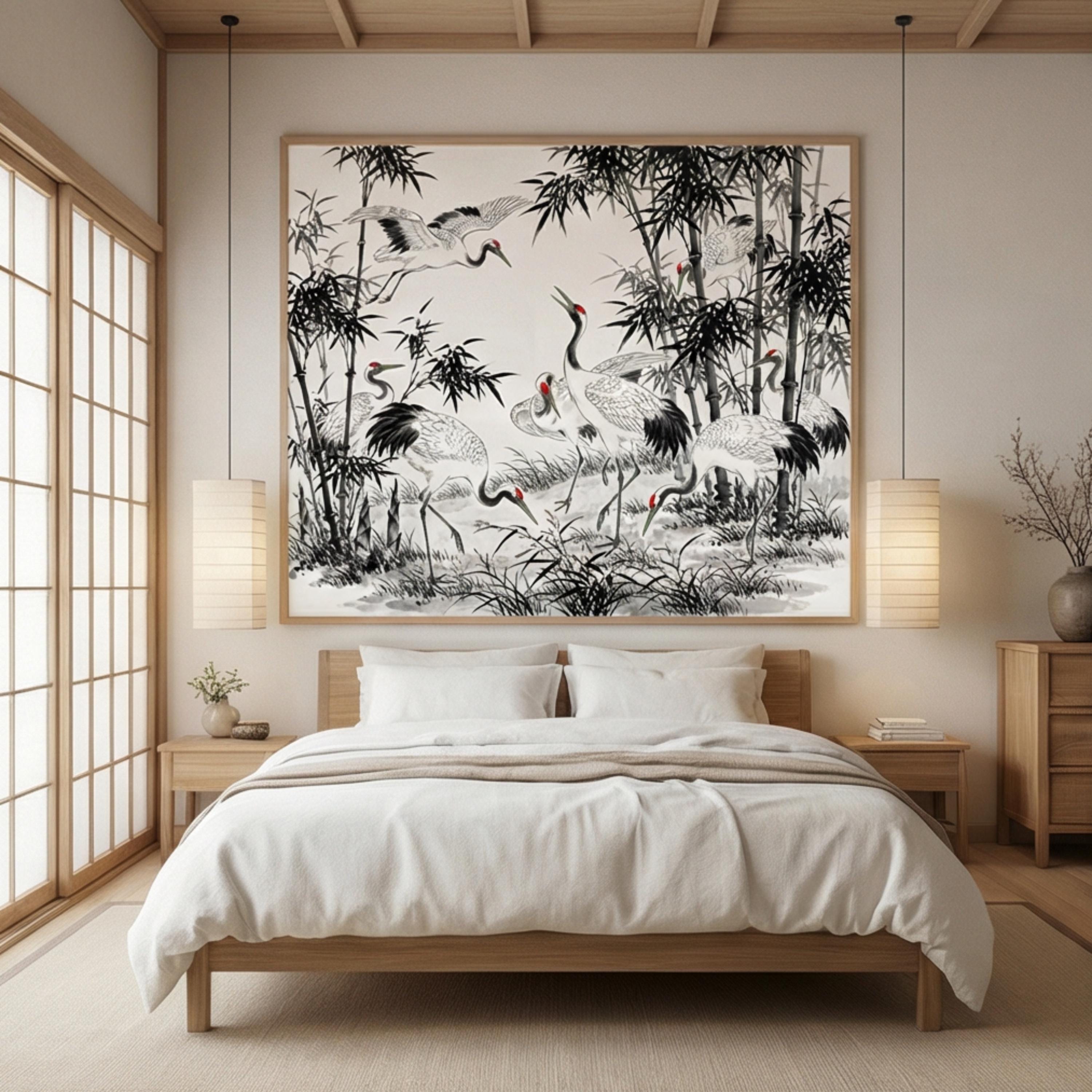 Japanese Crane Chinoiserie Bamboo Birds Peel and Stick Wall Mural, Zen Asian Wallpaper Decor Living Room Bedroom