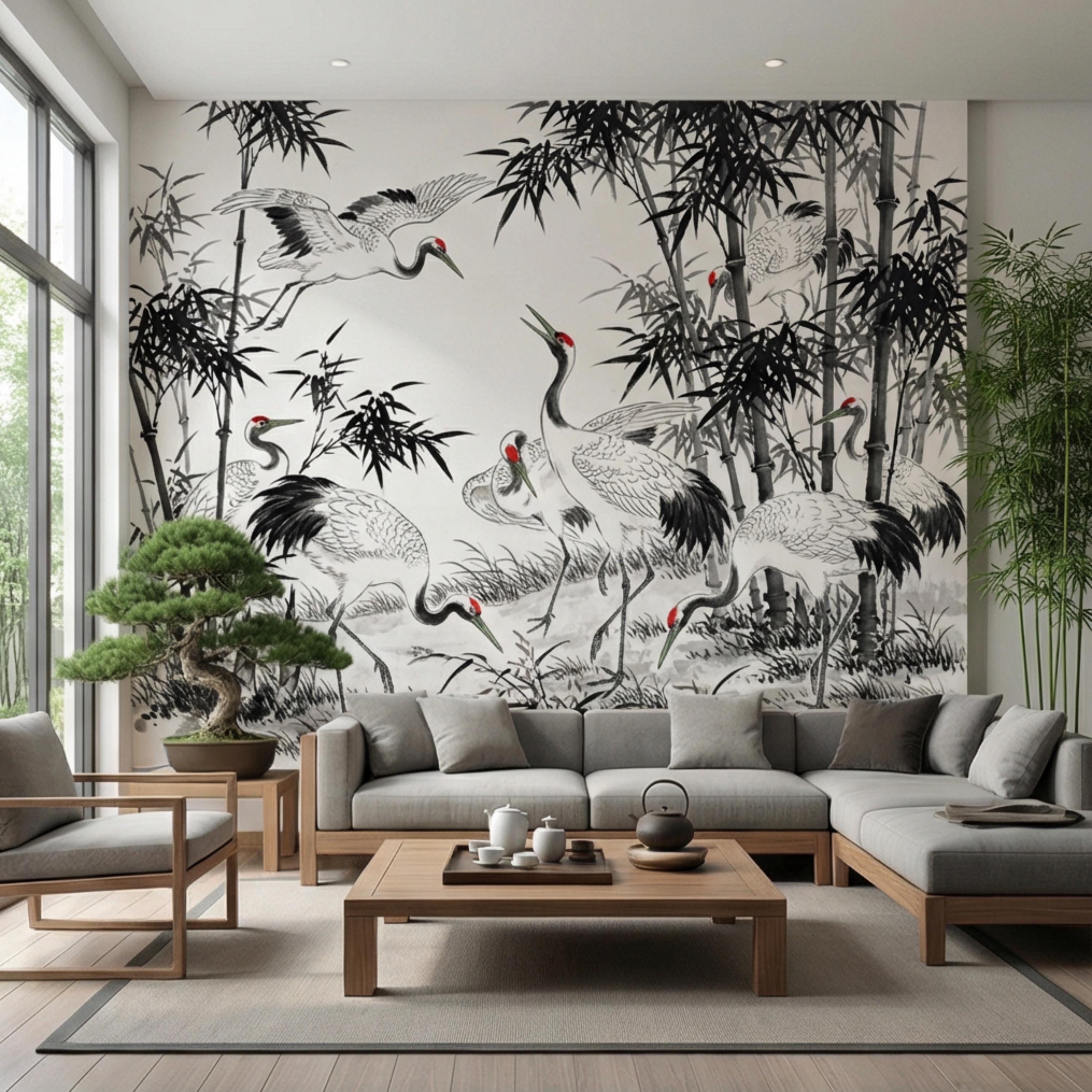 Japanese Crane Chinoiserie Bamboo Birds Peel and Stick Wall Mural, Zen Asian Wallpaper Decor Living Room Bedroom