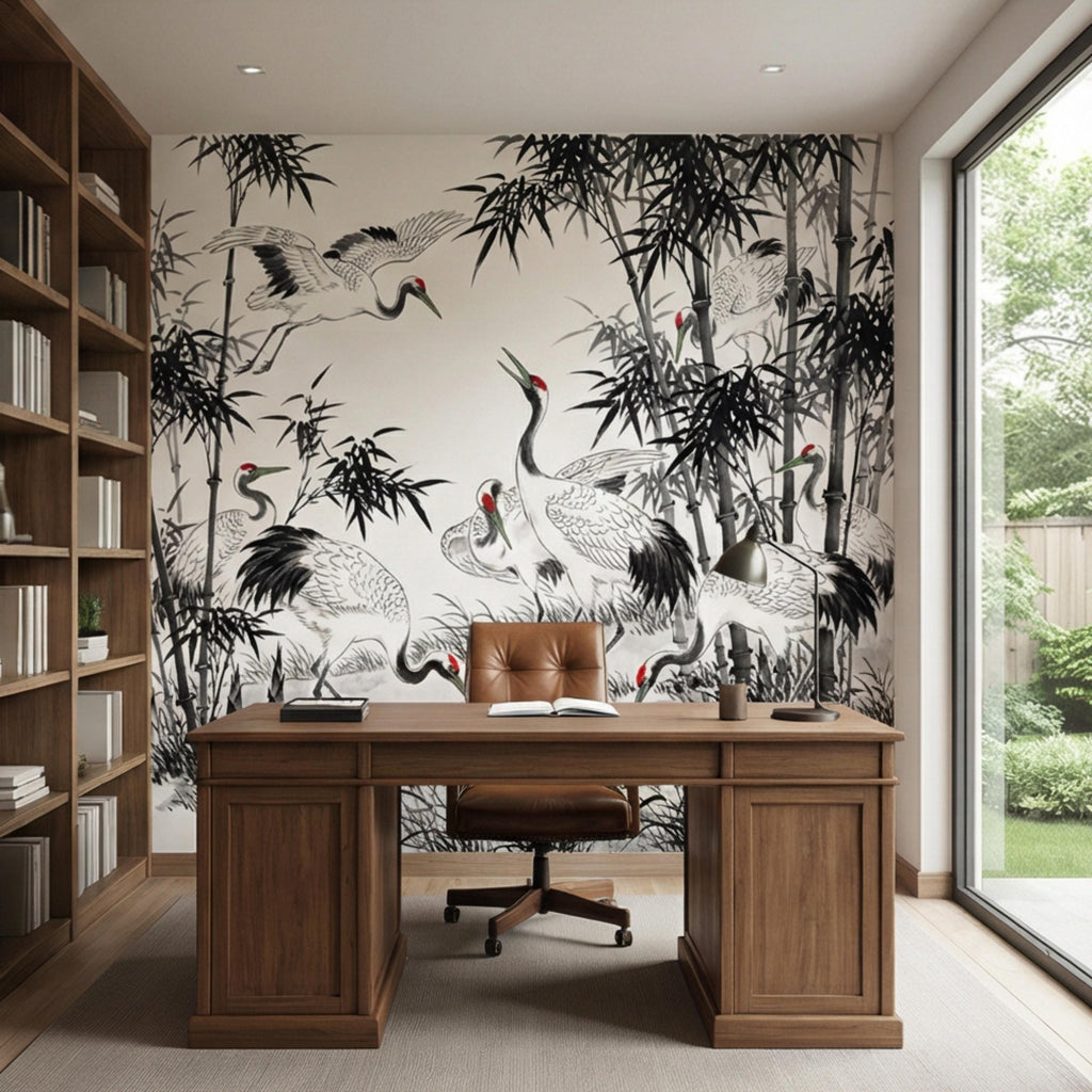 Japanese Crane Chinoiserie Bamboo Birds Peel and Stick Wall Mural, Zen Asian Wallpaper Decor Living Room Bedroom