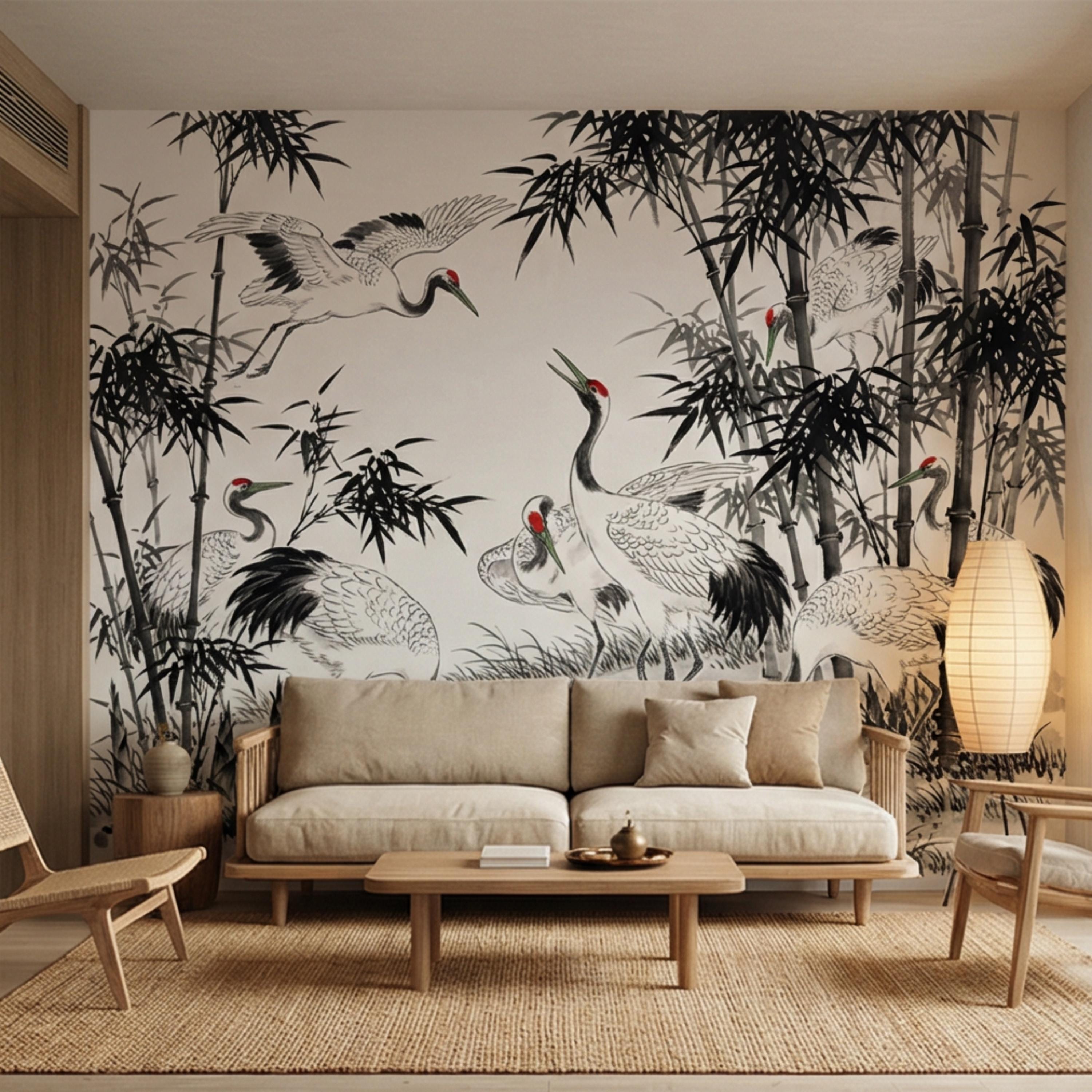 Japanese Crane Chinoiserie Bamboo Birds Peel and Stick Wall Mural, Zen Asian Wallpaper Decor Living Room Bedroom
