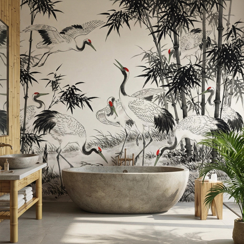 Japanese Crane Chinoiserie Bamboo Birds Peel and Stick Wall Mural, Zen Asian Wallpaper Decor Living Room Bedroom