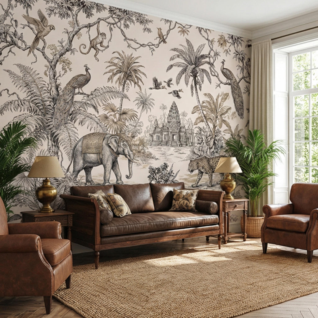 Vintage Jungle Toile Exotic Botanical Temple Scene Peel and Stick Wall Mural, Neutral Safari Wildlife Wallpaper