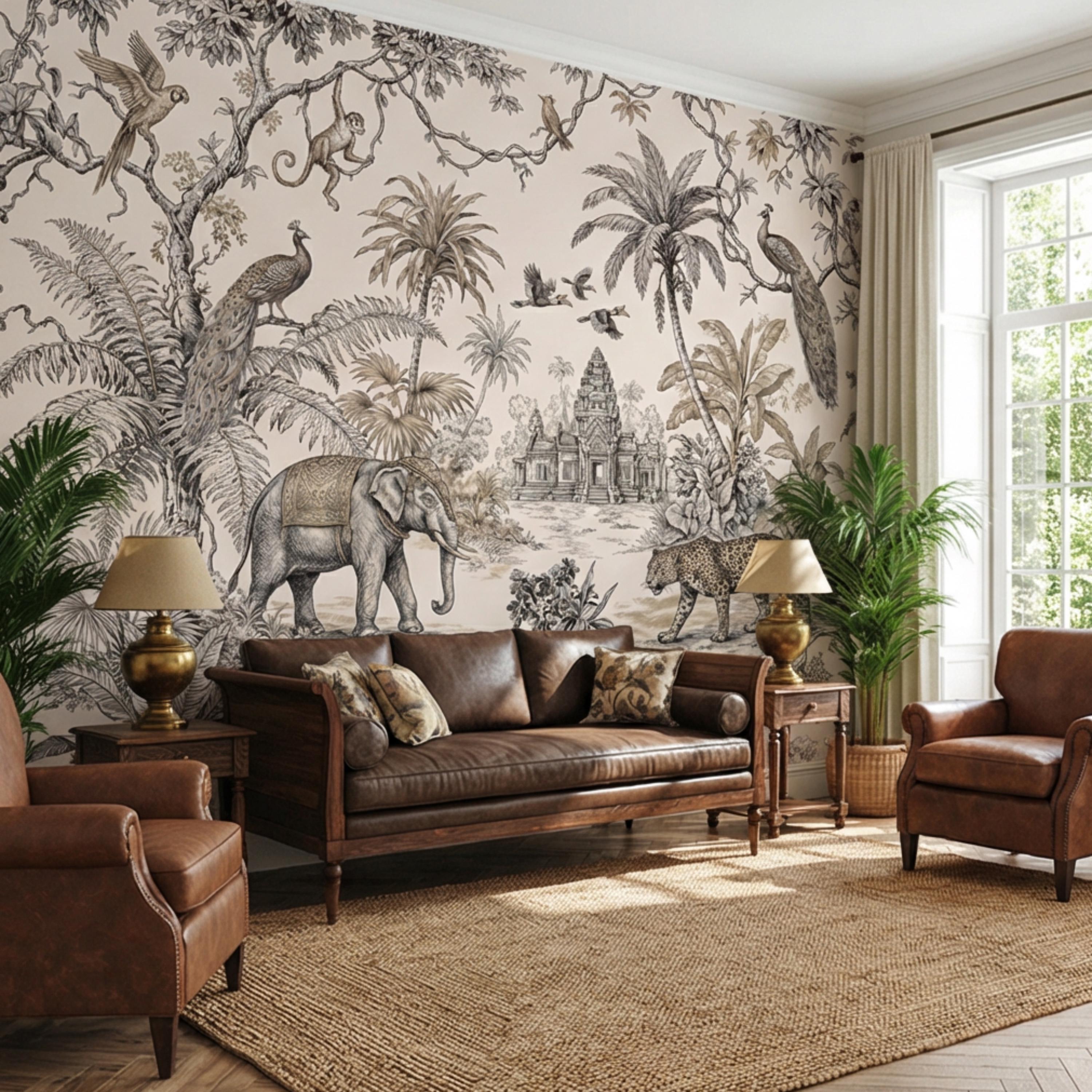 Vintage Jungle Toile Exotic Botanical Temple Scene Peel and Stick Wall Mural, Neutral Safari Wildlife Wallpaper