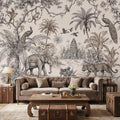 Vintage Jungle Toile Exotic Botanical Temple Scene Peel and Stick Wall Mural, Neutral Safari Wildlife Wallpaper