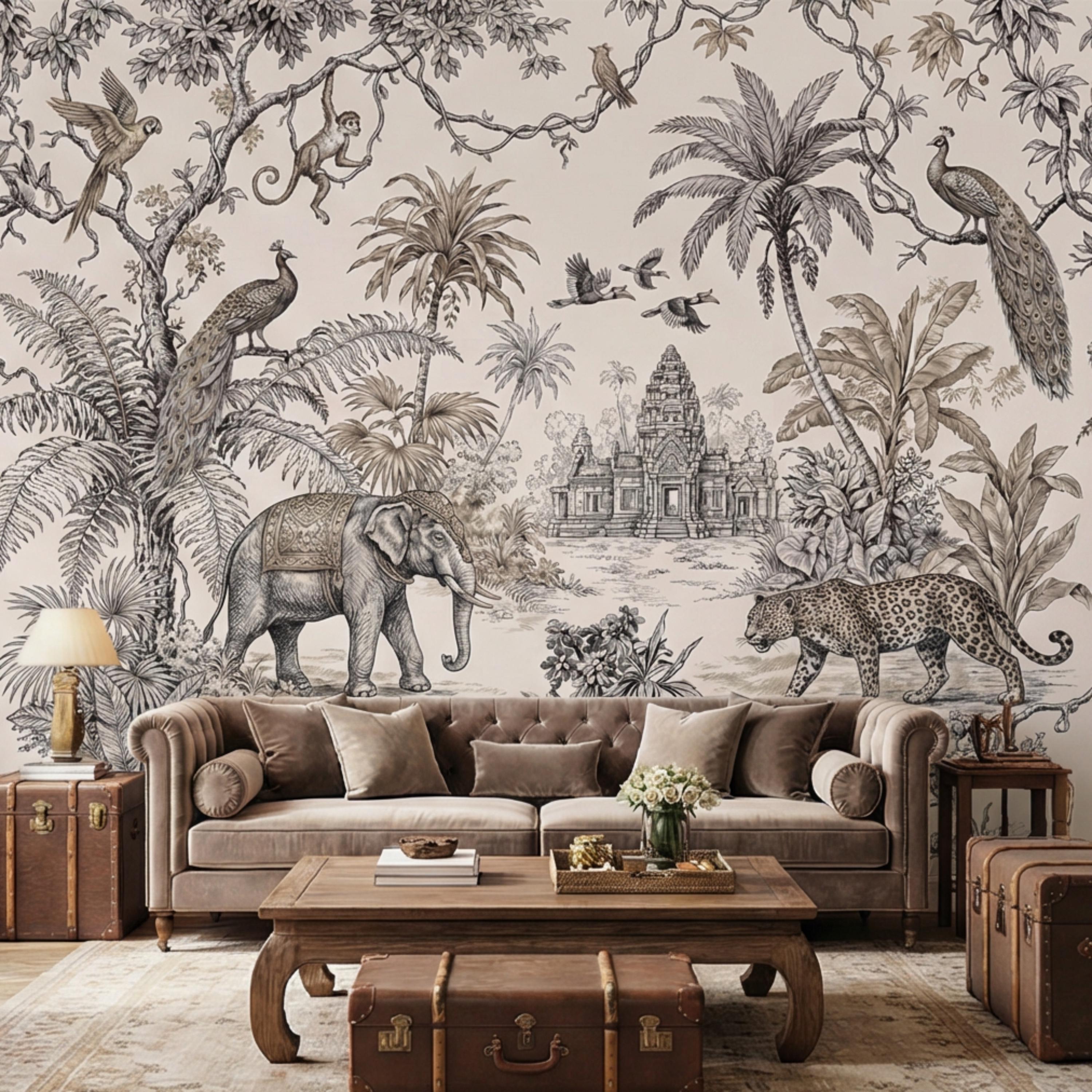 Vintage Jungle Toile Exotic Botanical Temple Scene Peel and Stick Wall Mural, Neutral Safari Wildlife Wallpaper