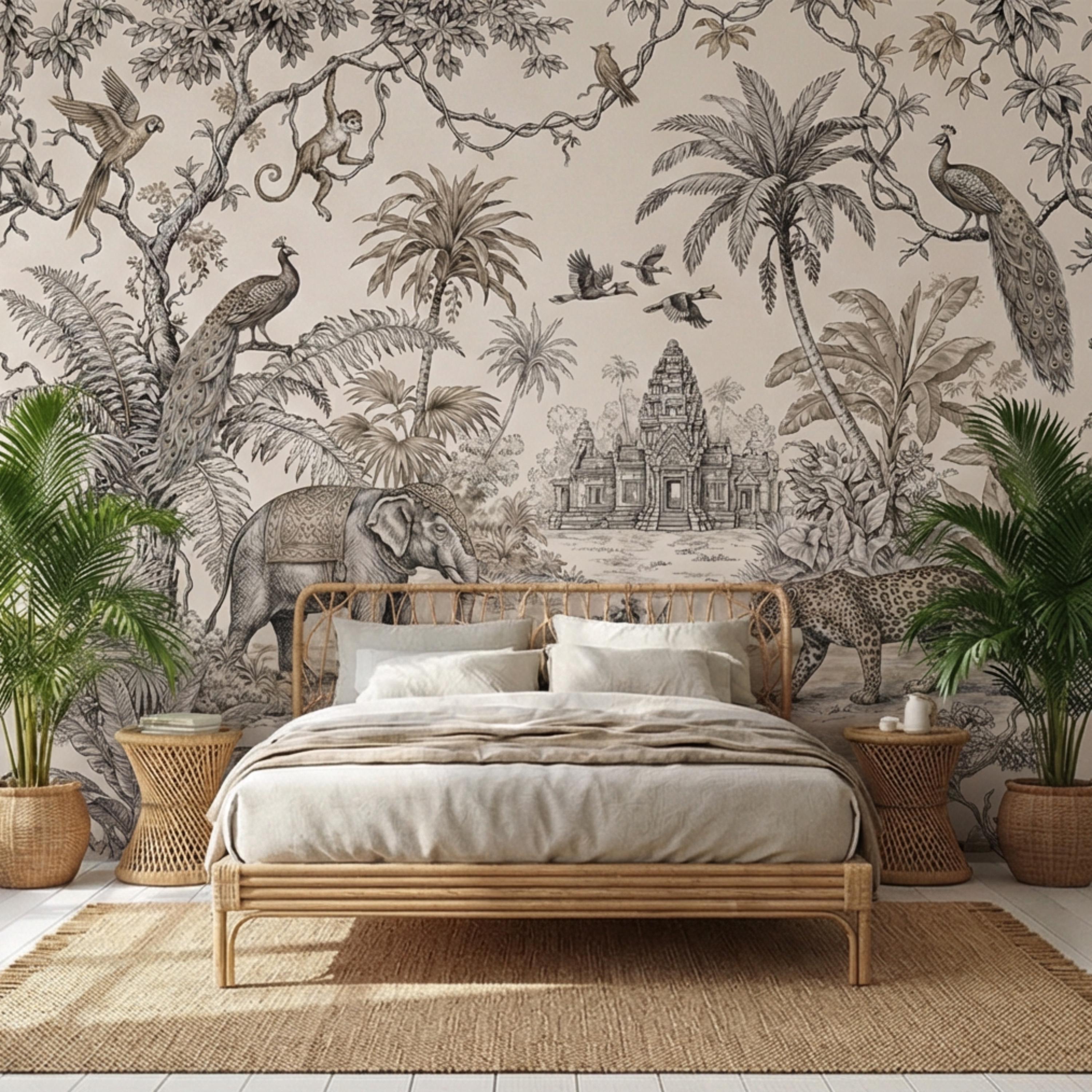 Vintage Jungle Toile Exotic Botanical Temple Scene Peel and Stick Wall Mural, Neutral Safari Wildlife Wallpaper