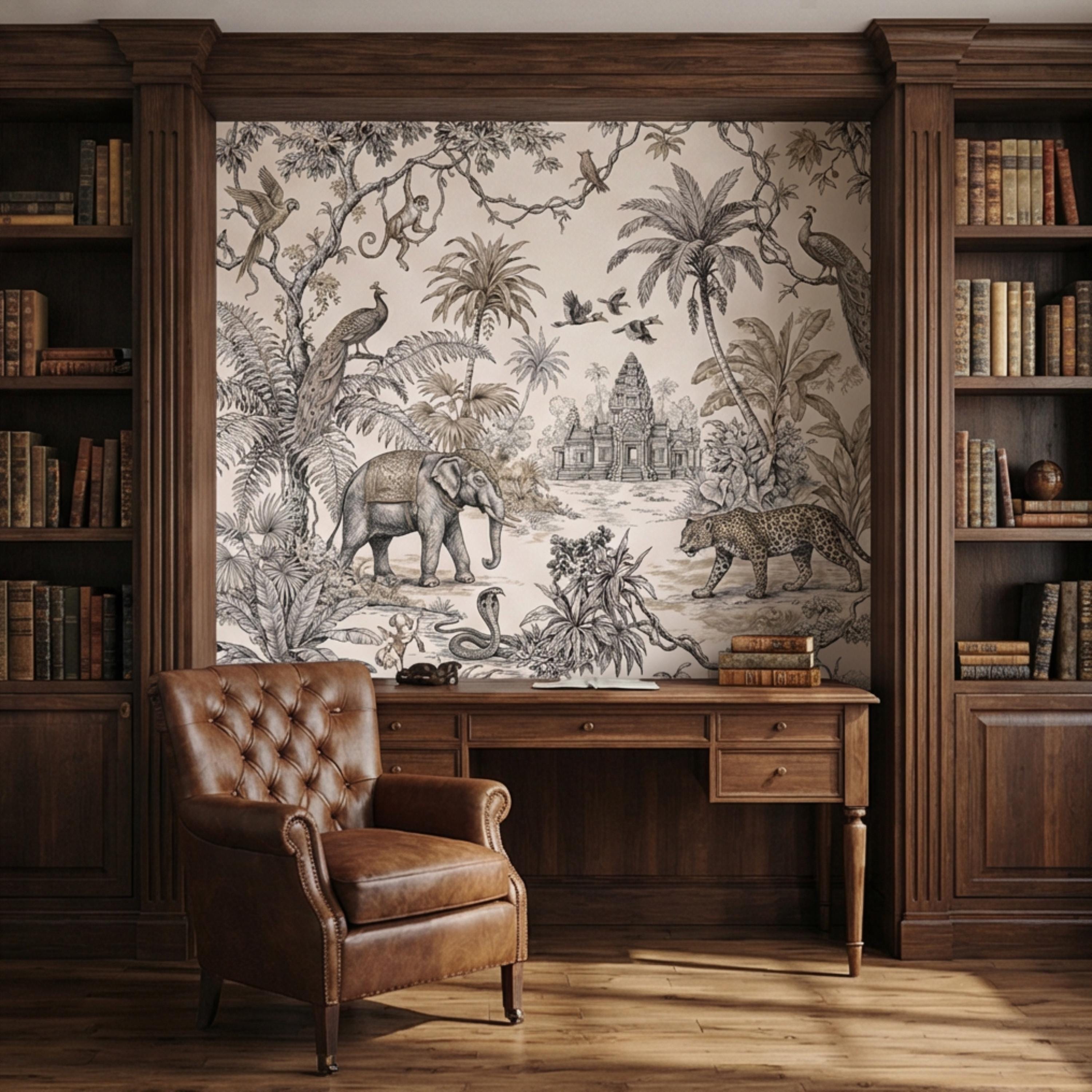 Vintage Jungle Toile Exotic Botanical Temple Scene Peel and Stick Wall Mural, Neutral Safari Wildlife Wallpaper