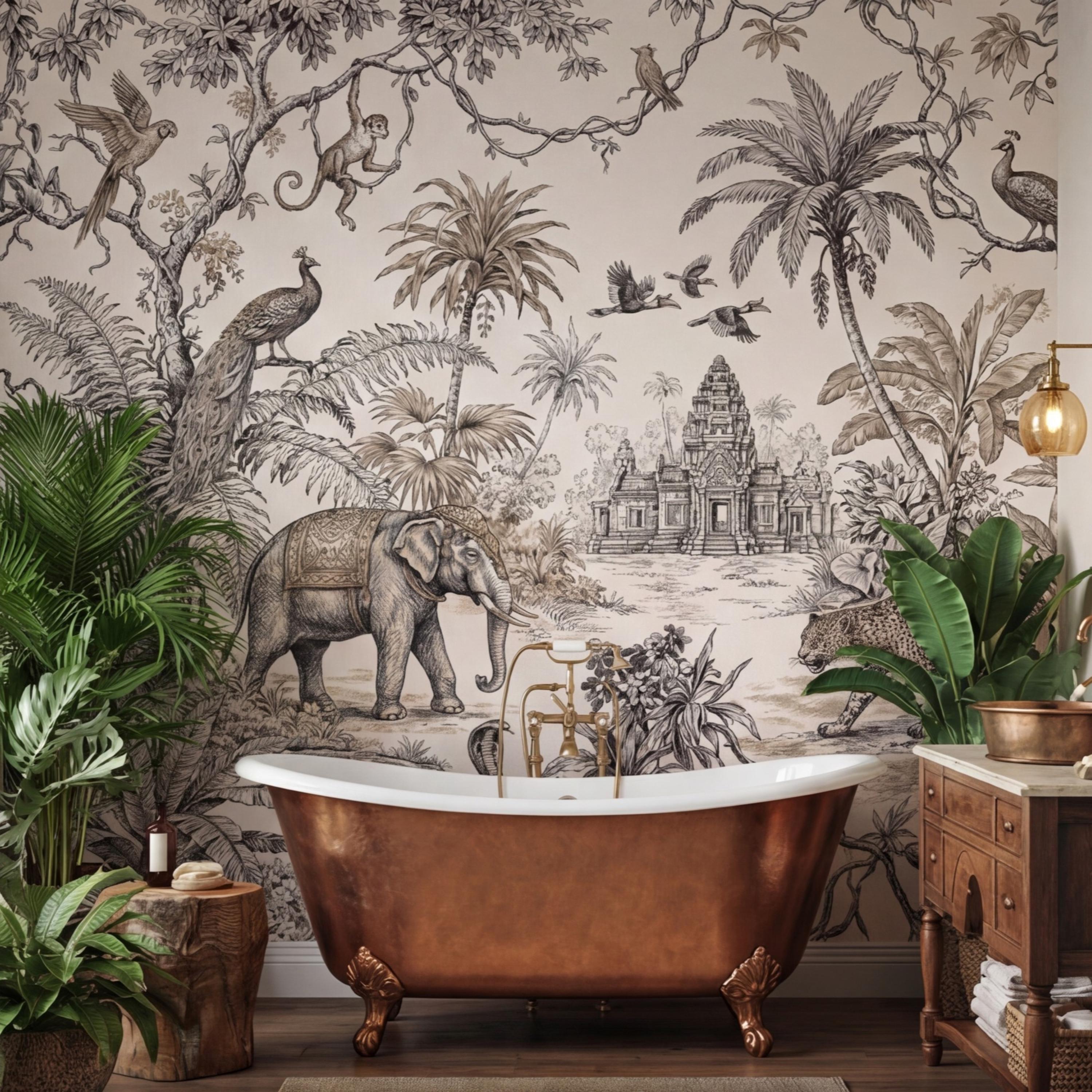 Vintage Jungle Toile Exotic Botanical Temple Scene Peel and Stick Wall Mural, Neutral Safari Wildlife Wallpaper