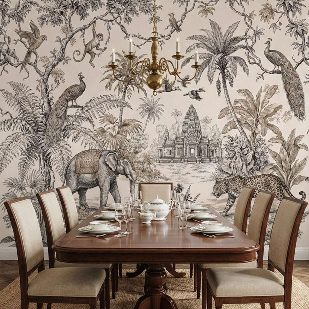 Vintage Jungle Toile Exotic Botanical Temple Scene Peel and Stick Wall Mural, Neutral Safari Wildlife Wallpaper