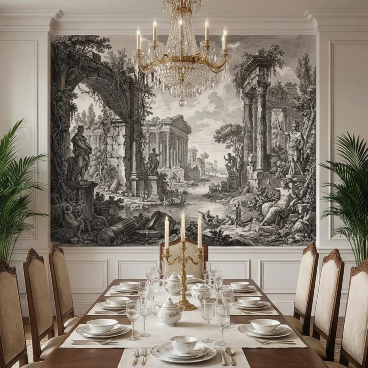 Classical Roman landscape wall mural in monochrome engraving style with ruins and statues