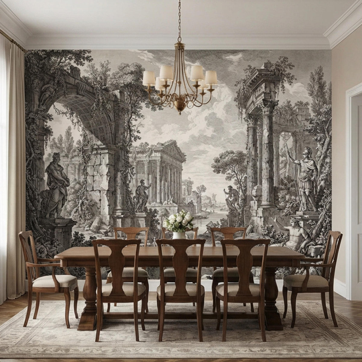 Black-and-white classical ruins wall mural with towering columns and sculpted figures