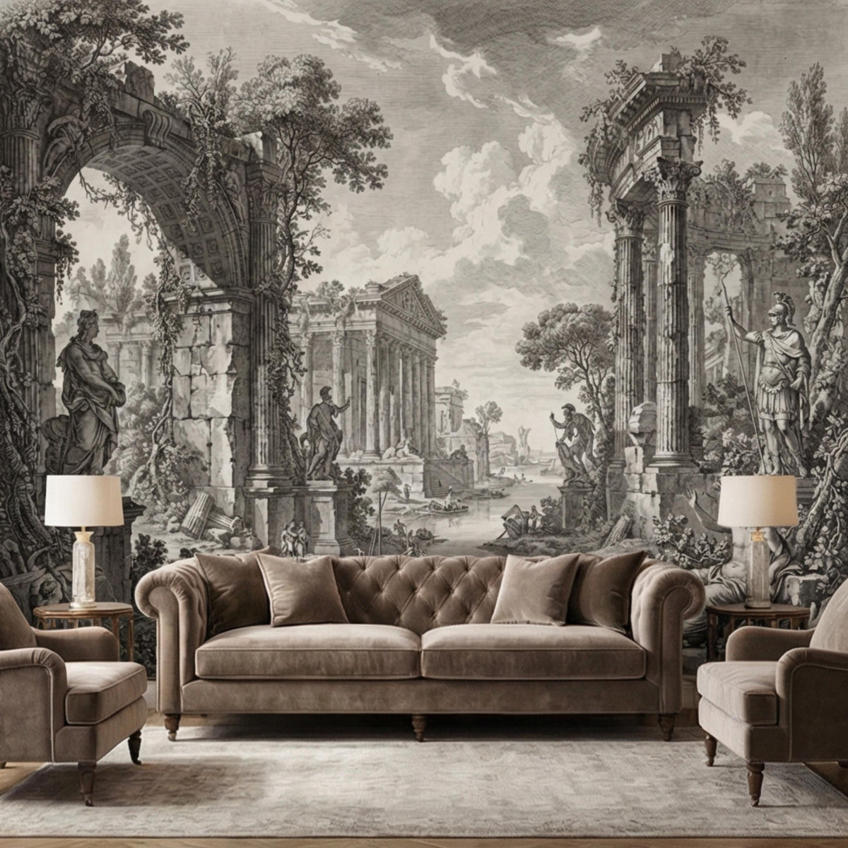 Classical Roman ruins wall mural in black-and-white engraving style with tall columns