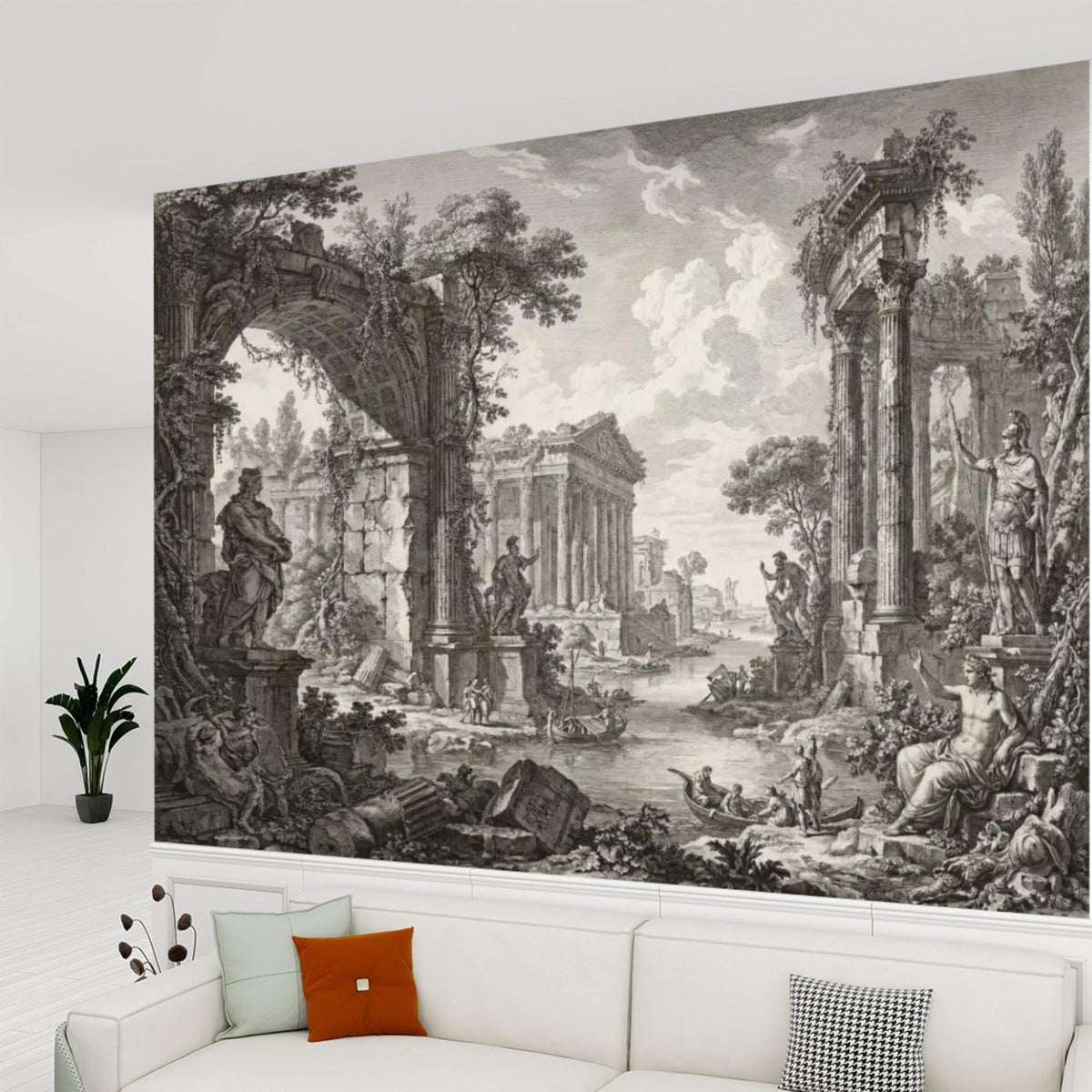 Roman ruins wall mural showing arched gateway, columns, and classical statues in monochrome