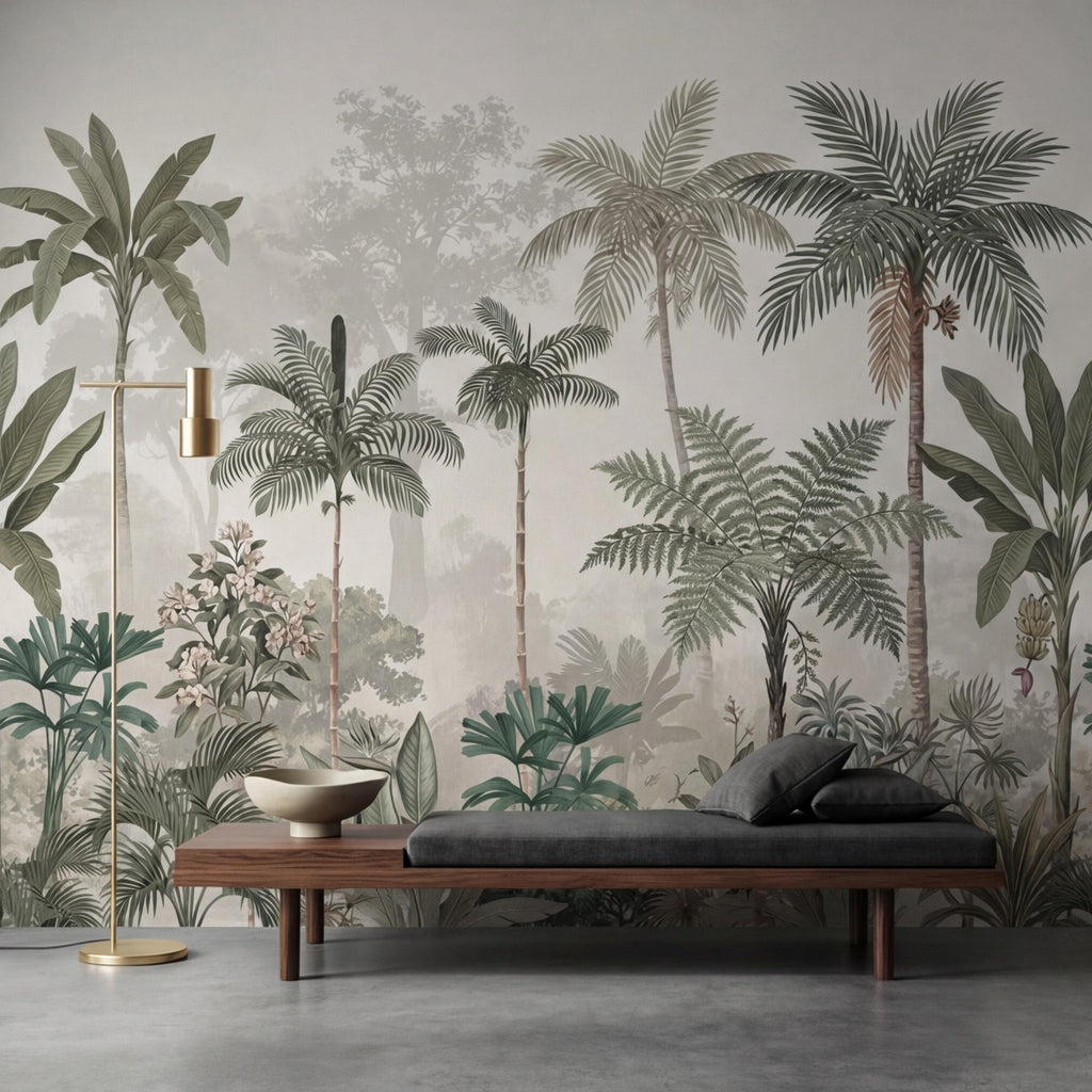 Tropical Palm Jungle Peel and Stick Wall Mural Wallpaper, Neutral Botanical Boho Wallpaper Nursery Bedroom Living Room Decor