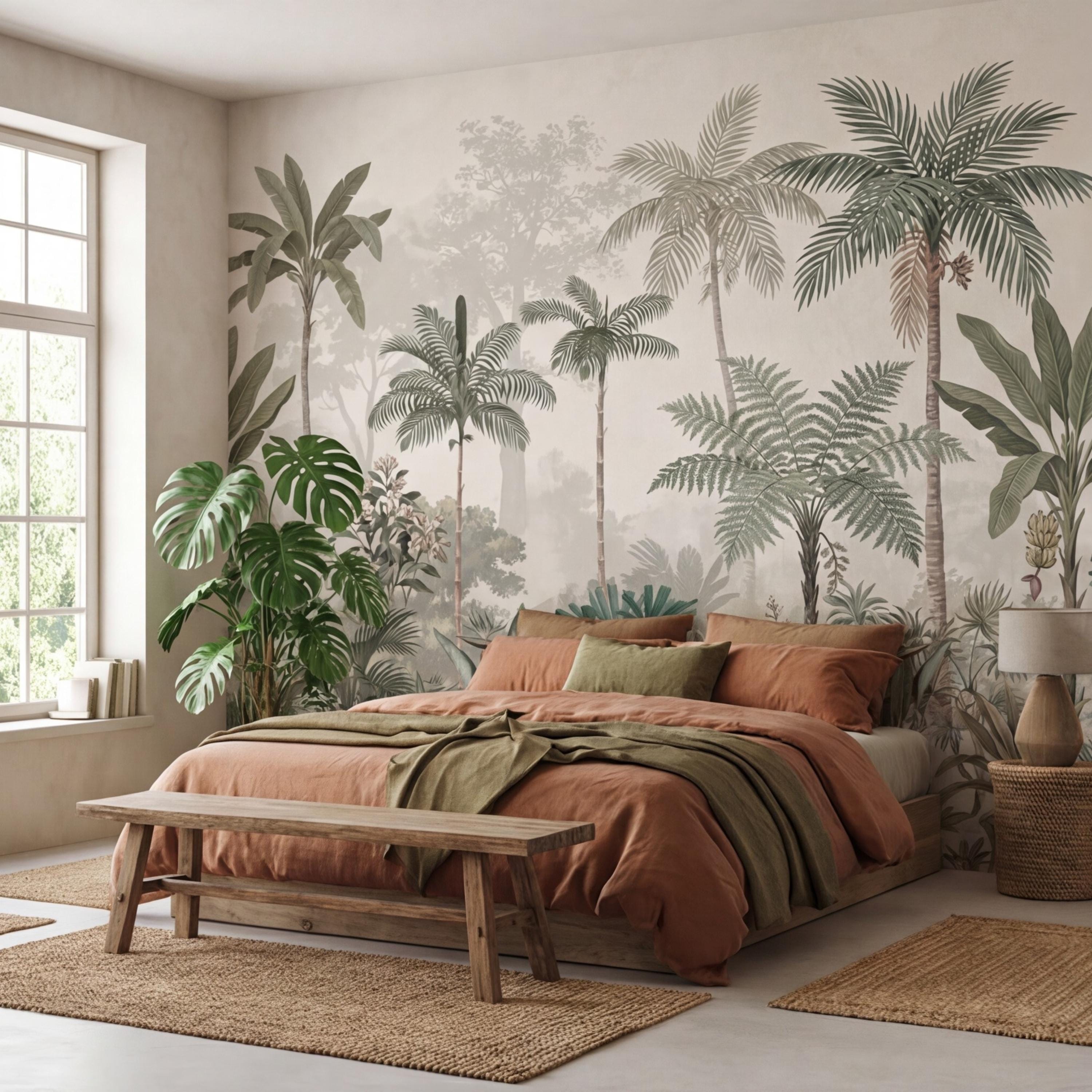 Tropical Palm Jungle Peel and Stick Wall Mural Wallpaper, Neutral Botanical Boho Wallpaper Nursery Bedroom Living Room Decor