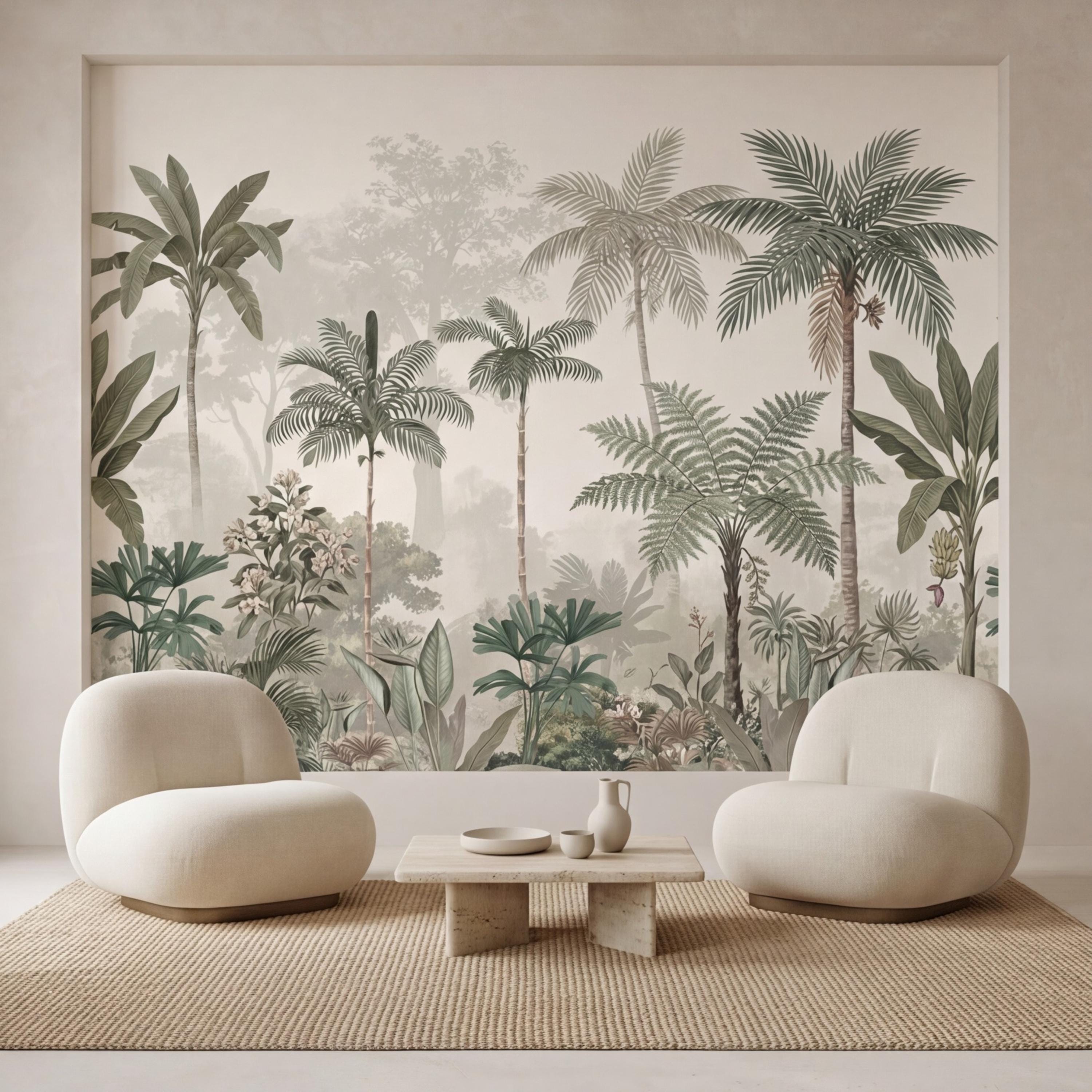 Tropical Palm Jungle Peel and Stick Wall Mural Wallpaper, Neutral Botanical Boho Wallpaper Nursery Bedroom Living Room Decor