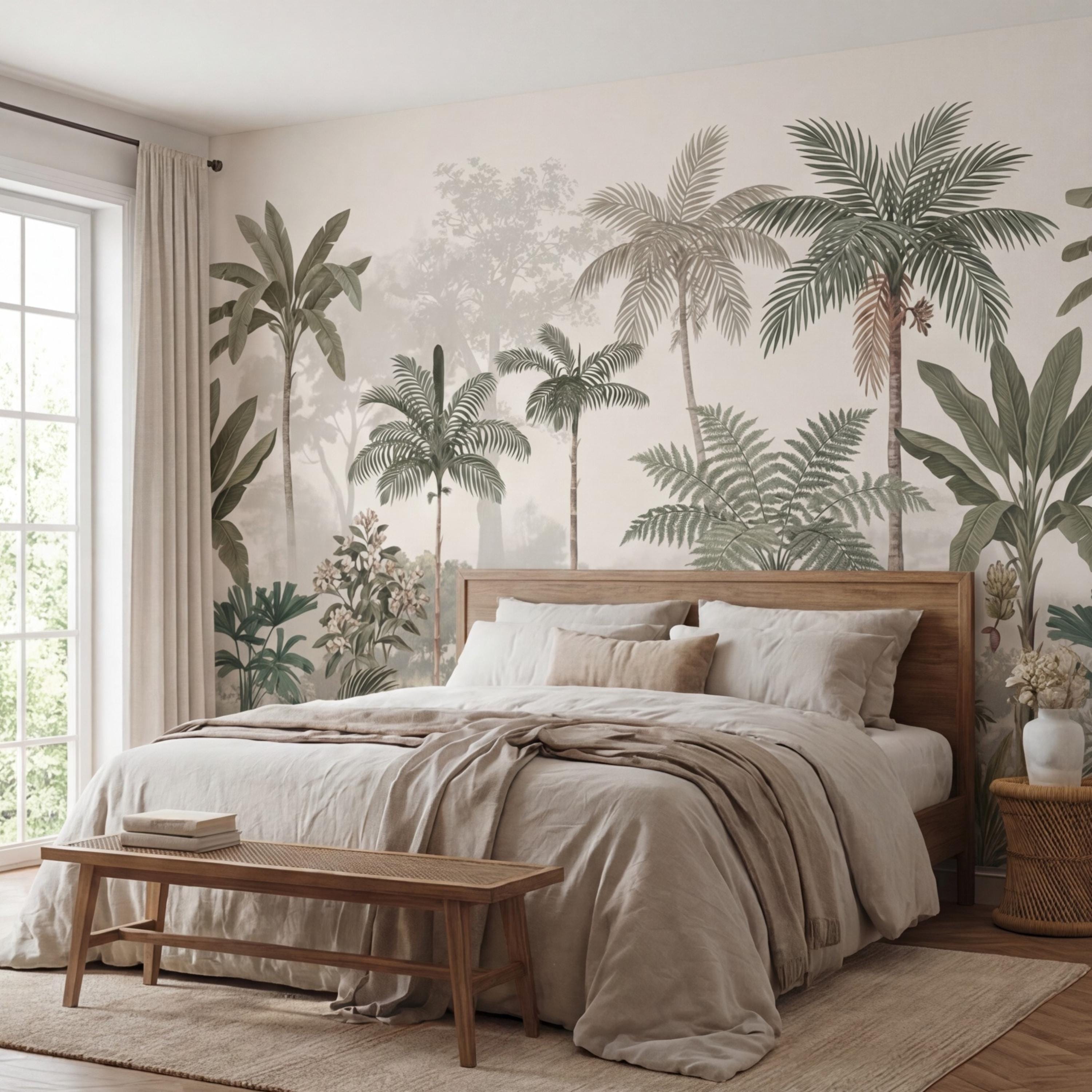 Tropical Palm Jungle Peel and Stick Wall Mural Wallpaper, Neutral Botanical Boho Wallpaper Nursery Bedroom Living Room Decor