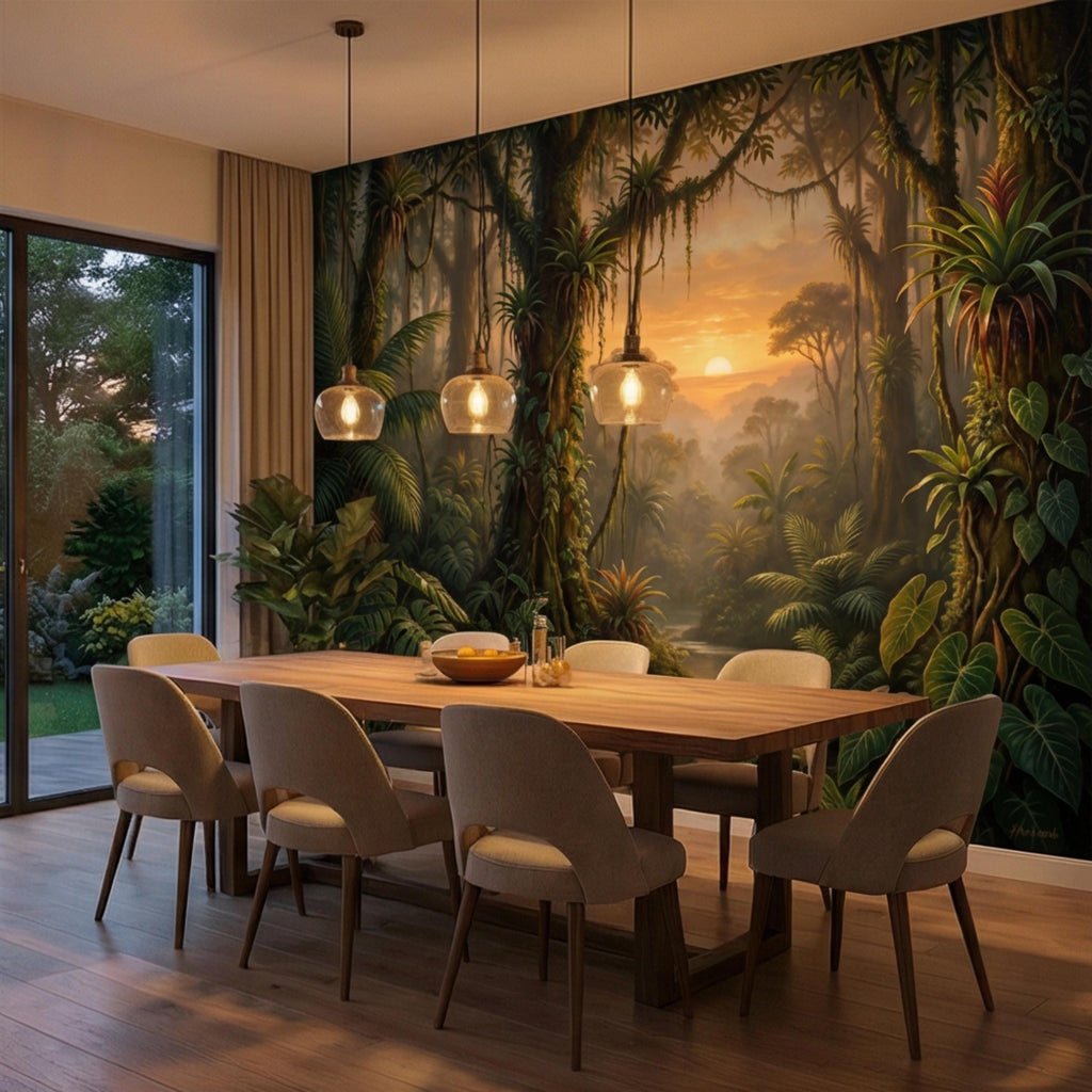 Tropical Jungle Sunset Peel and Stick Wall Mural, Lush Rainforest Landscape Wallpaper, Botanical Palm Forest Wall Decor