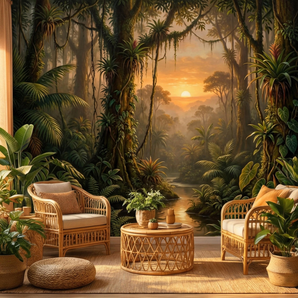 Tropical Jungle Sunset Peel and Stick Wall Mural, Lush Rainforest Landscape Wallpaper, Botanical Palm Forest Wall Decor