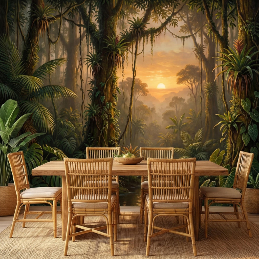 Tropical Jungle Sunset Peel and Stick Wall Mural, Lush Rainforest Landscape Wallpaper, Botanical Palm Forest Wall Decor