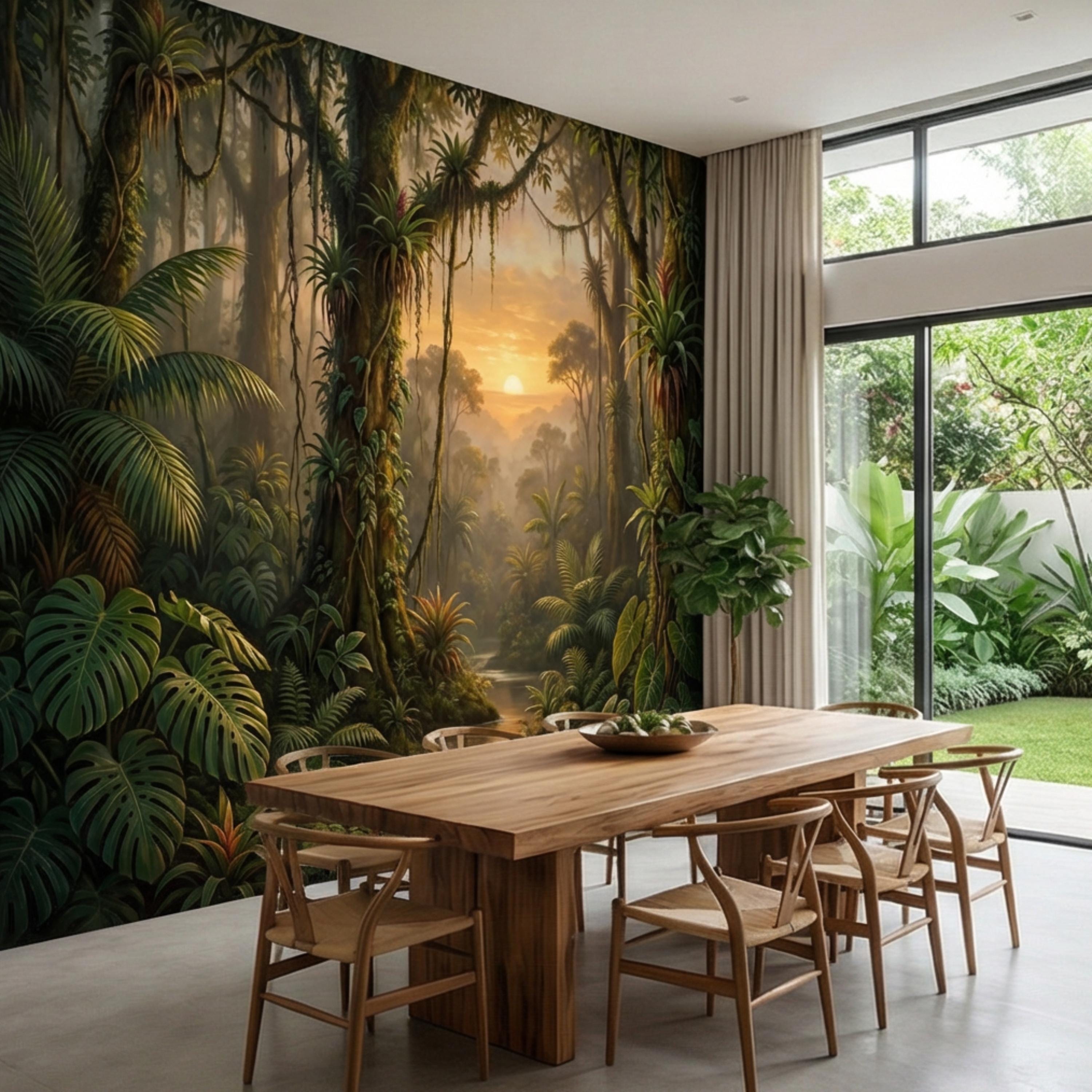 Tropical Jungle Sunset Peel and Stick Wall Mural, Lush Rainforest Landscape Wallpaper, Botanical Palm Forest Wall Decor