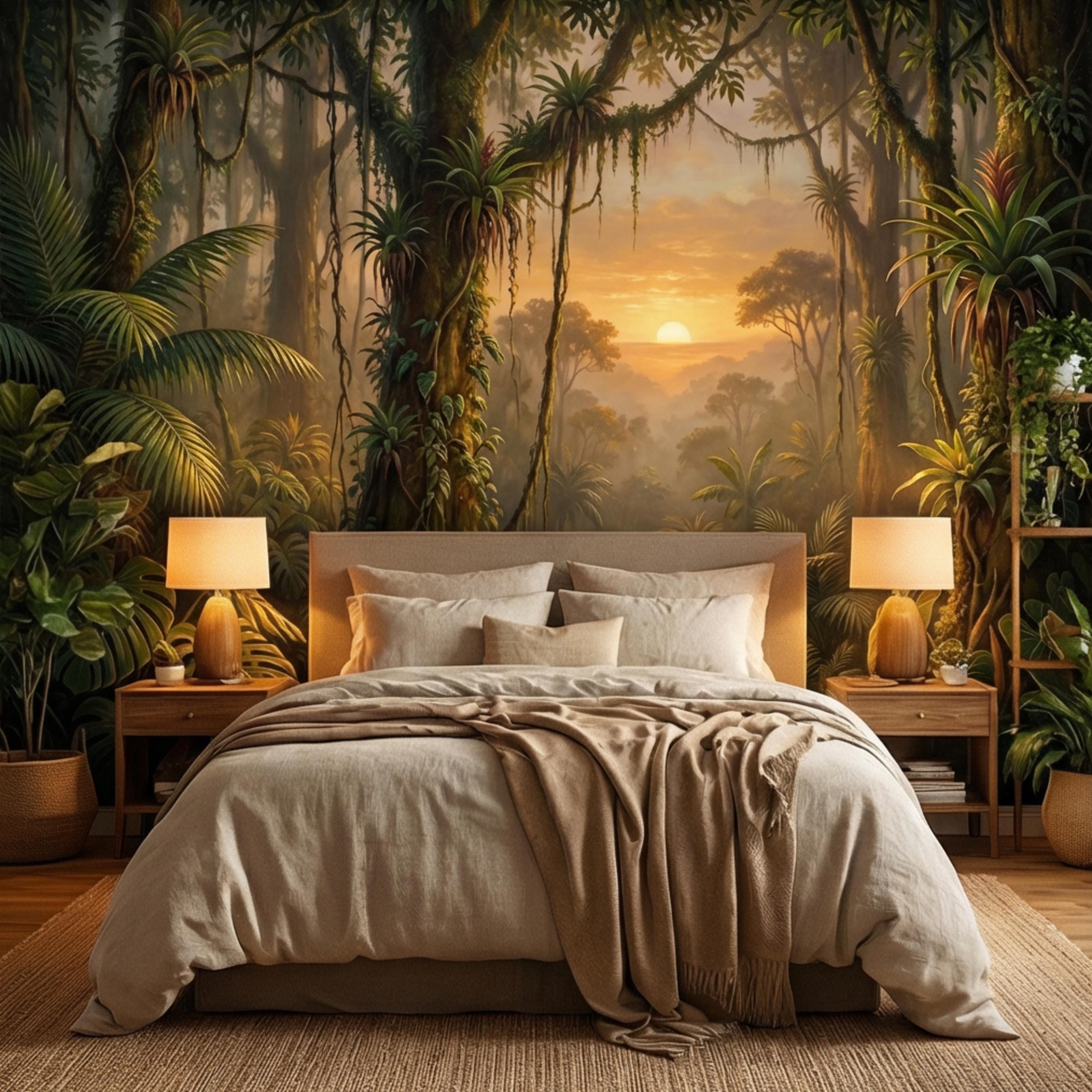 Tropical Jungle Sunset Peel and Stick Wall Mural, Lush Rainforest Landscape Wallpaper, Botanical Palm Forest Wall Decor