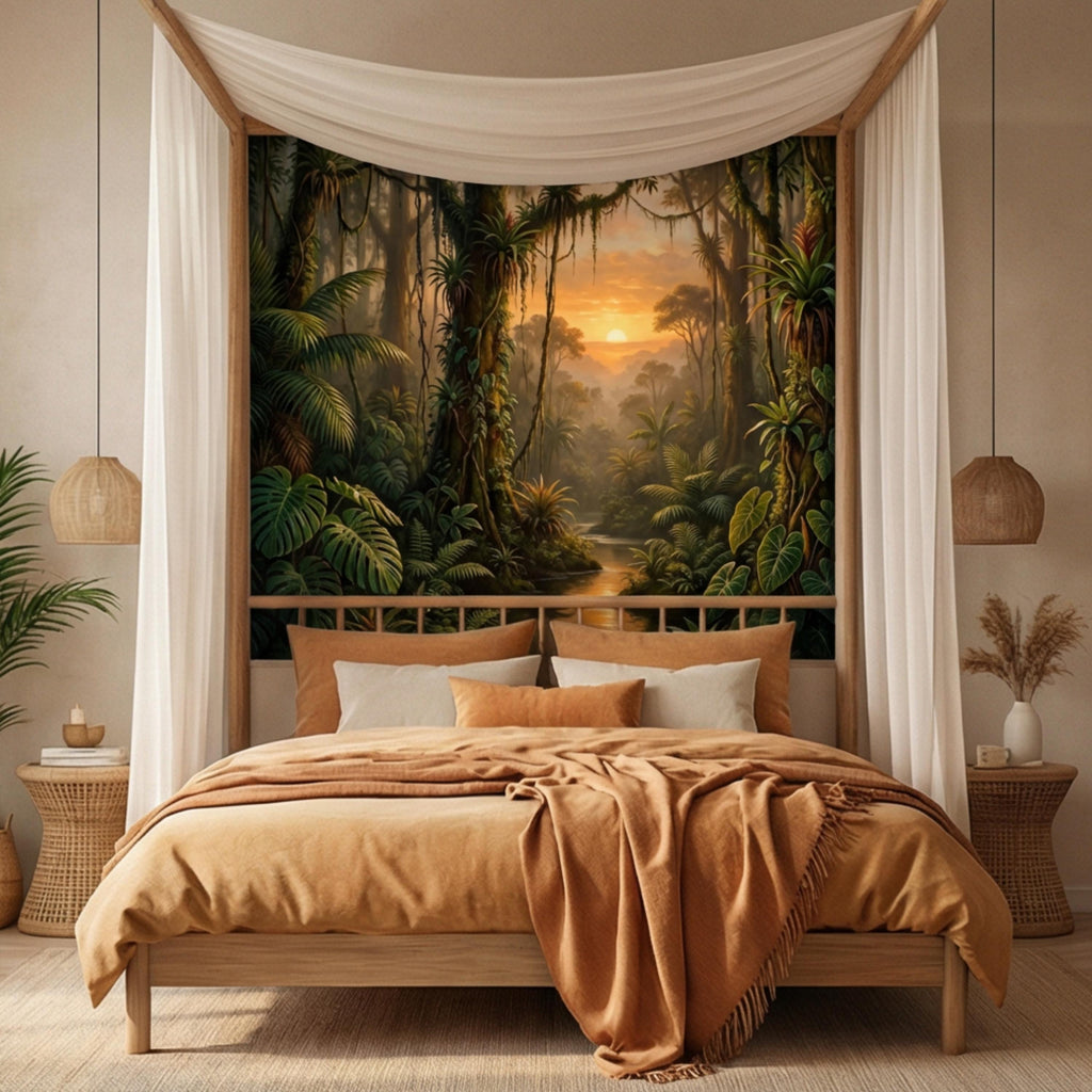 Tropical Jungle Sunset Peel and Stick Wall Mural, Lush Rainforest Landscape Wallpaper, Botanical Palm Forest Wall Decor