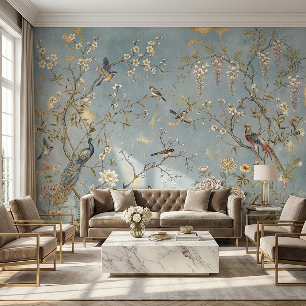 Botanical bird wall mural with blue branches, cherry blossoms, and colorful birds