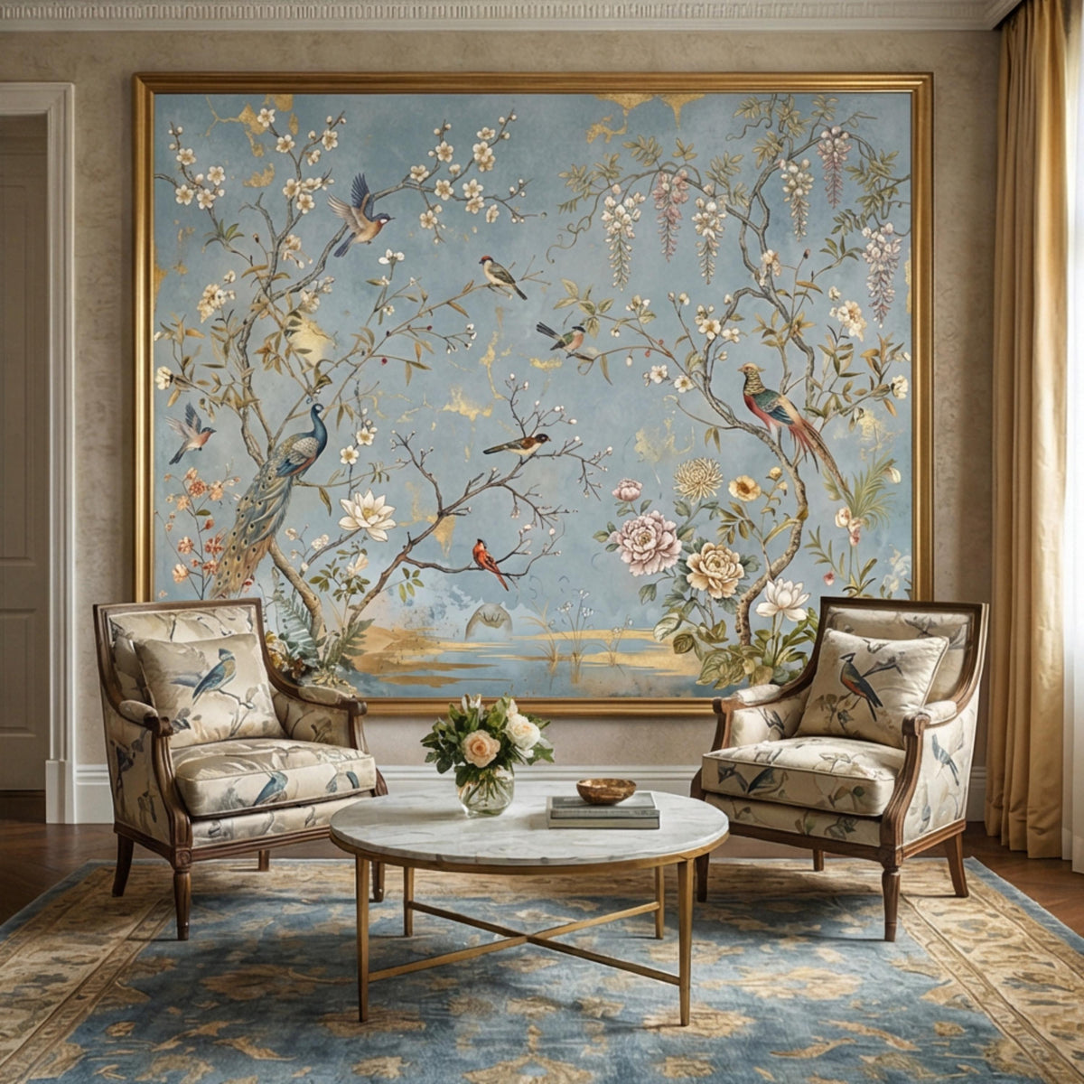 Blue botanical bird wall mural with flowering branches and peacock-like birds