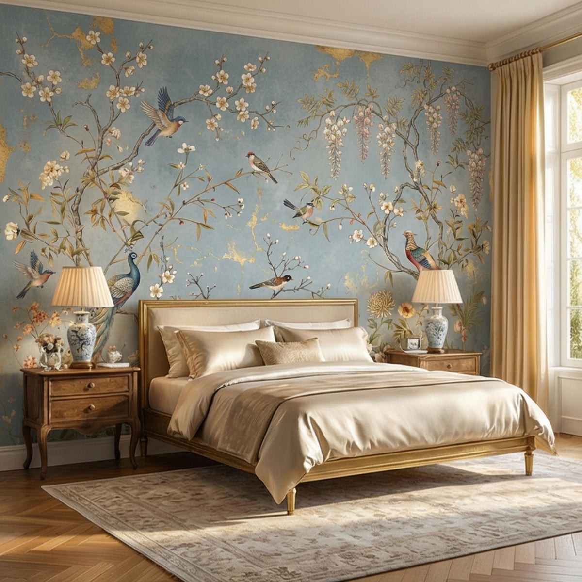 Blue floral bird wallpaper mural covering a wall with small songbirds and blossoms