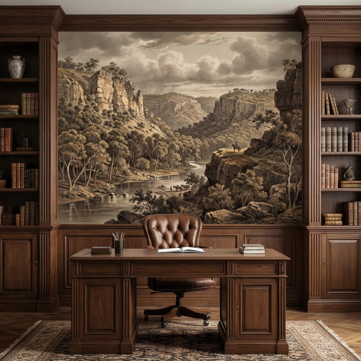Sepia canyon landscape wall mural framed by paneling with river and rocky cliffs