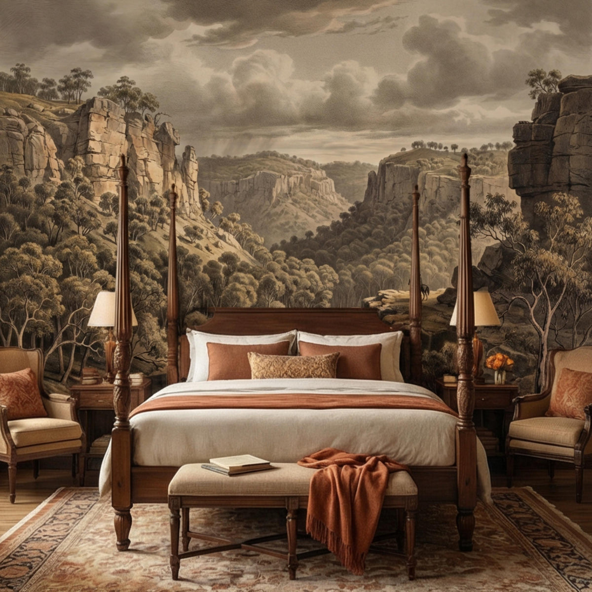 Sepia canyon landscape wall mural behind a bed with river, cliffs, and shrubs
