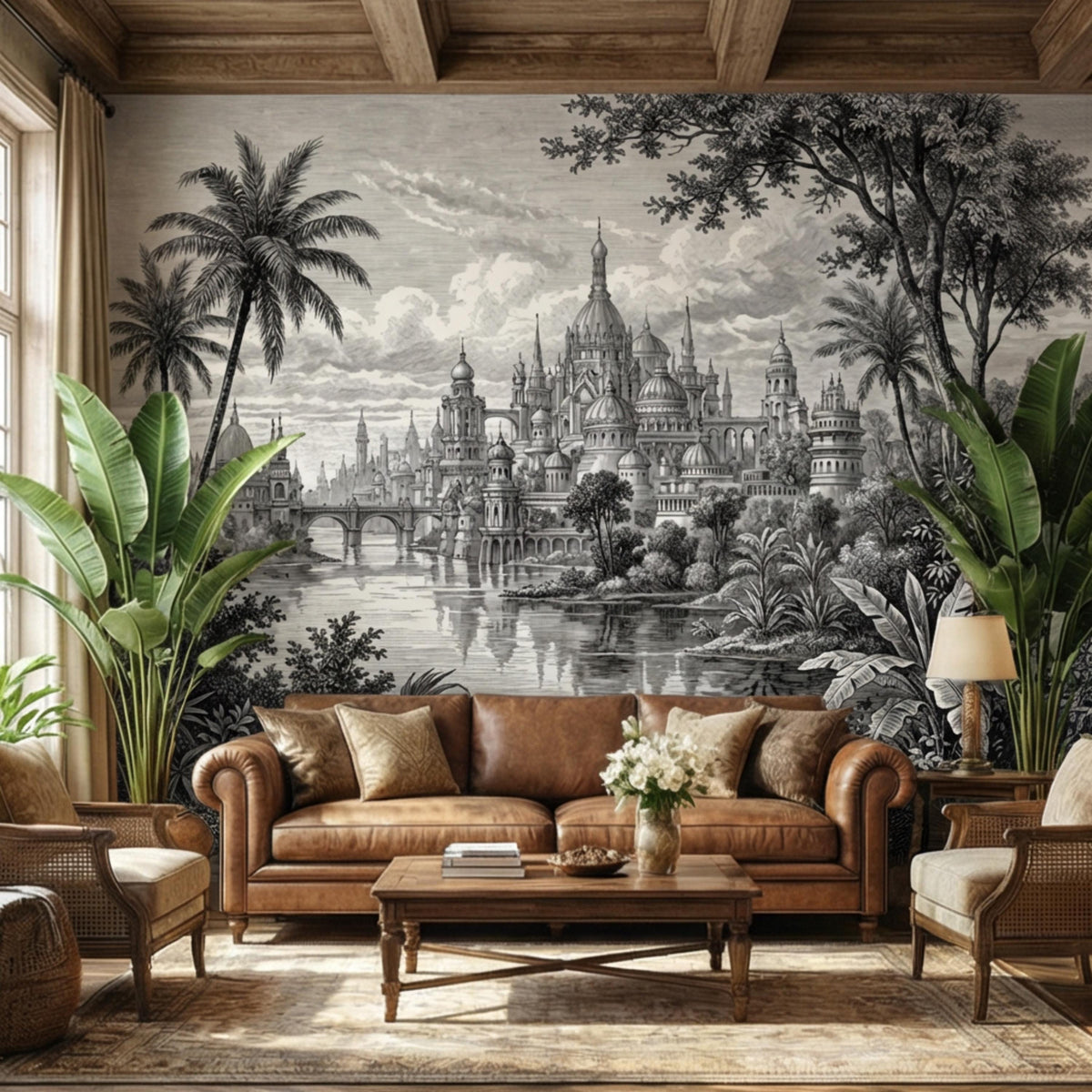 Panoramic vintage-style city palace mural with river, palms, and trees in grayscale
