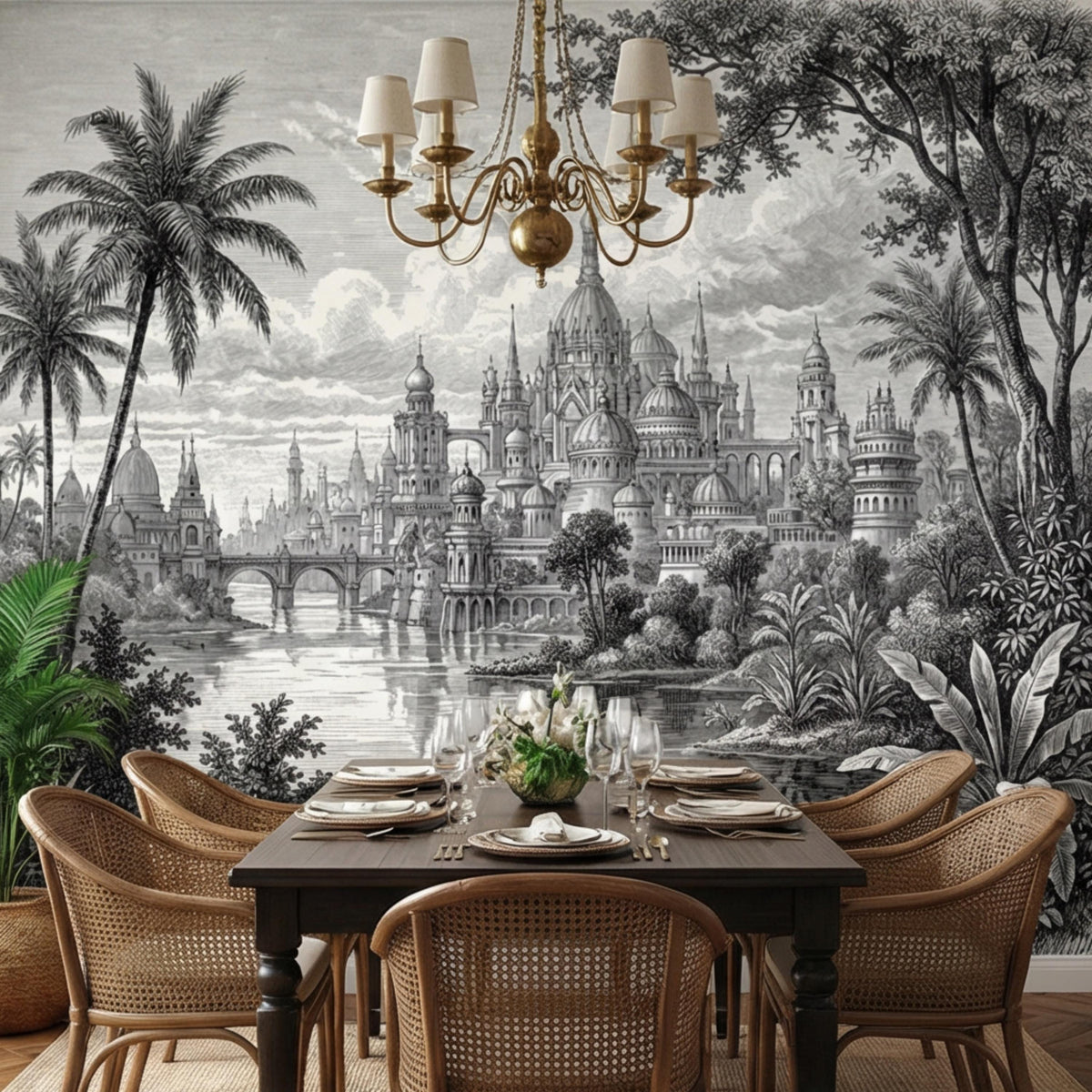 Large monochrome palace and river wall mural with palm trees and landscaped shrubs