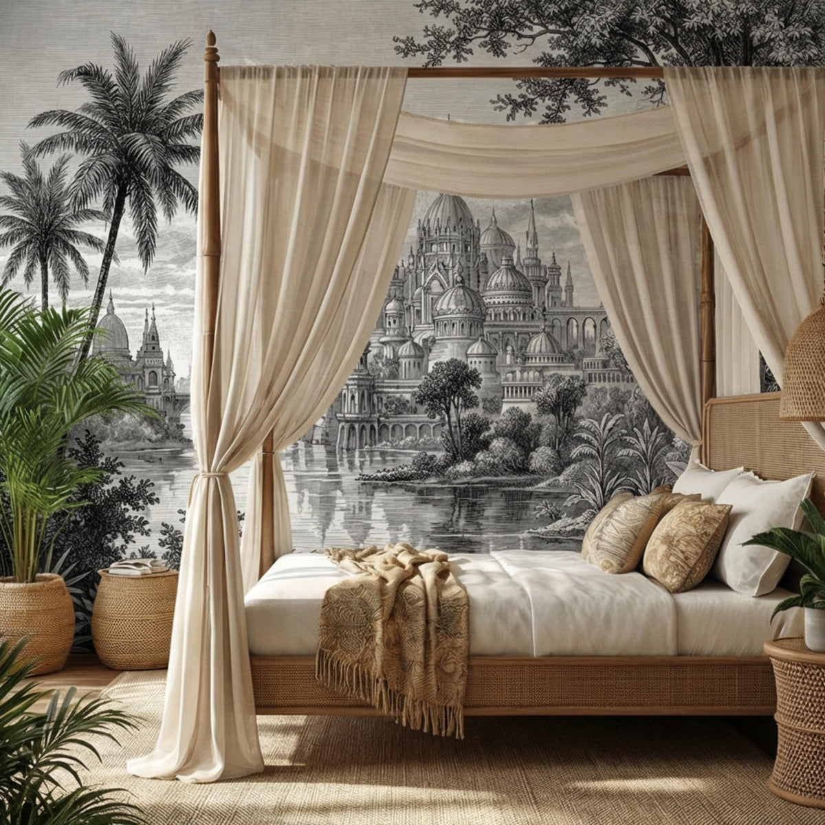 Monochrome palace river wall mural framed by curtains, palms, and leafy plants