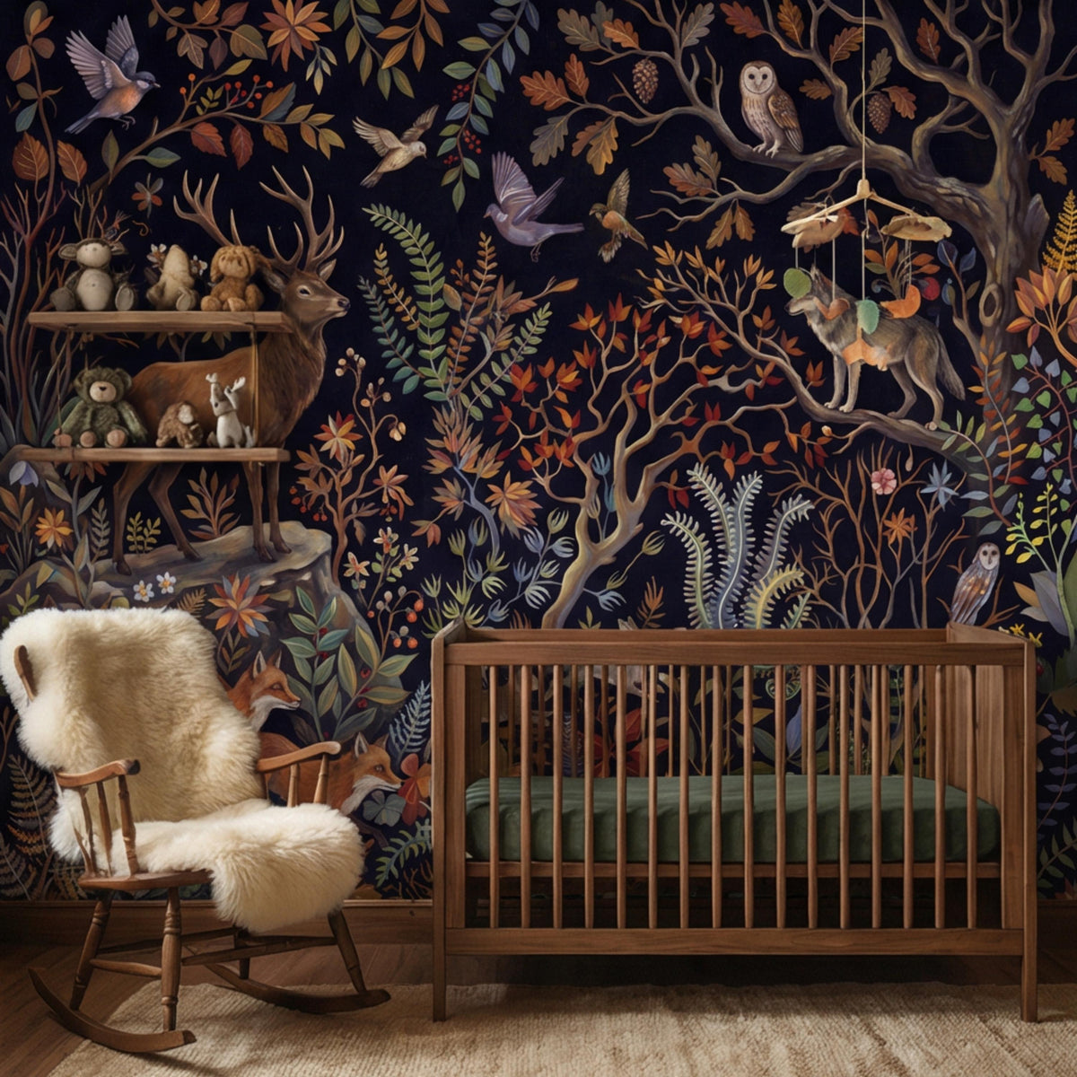 Cottage forest wall mural with deer, fox, and owl between dark blue foliage vines