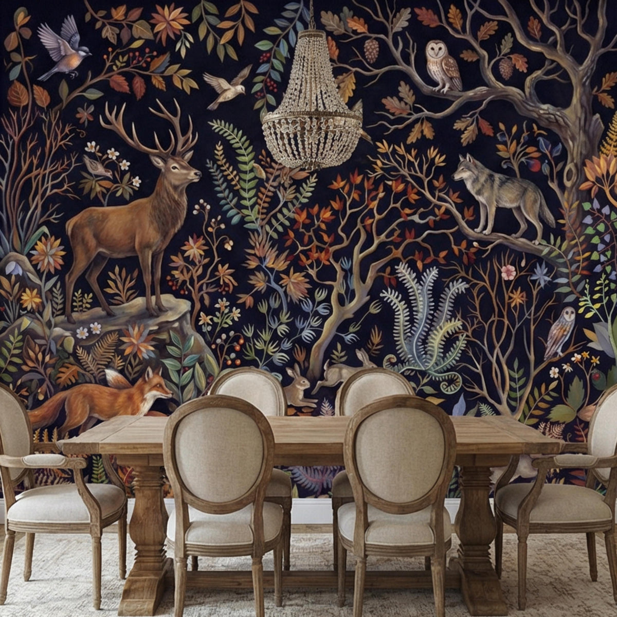 Woodland animals wall mural with deer, foxes, birds, and owl on dark tree branches