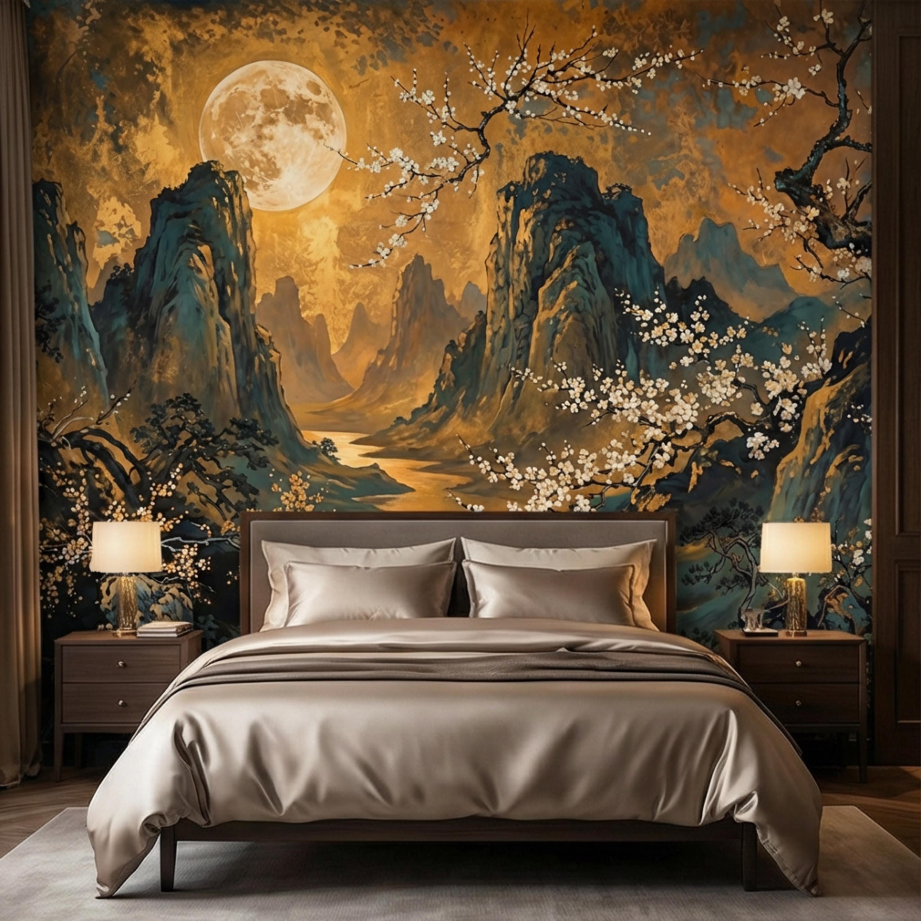 Asian Mountain Landscape Full Moon & Cherry Blossoms Peel and Stick Wall Mural Wallpaper, Japanese Chinoiserie Wallpaper