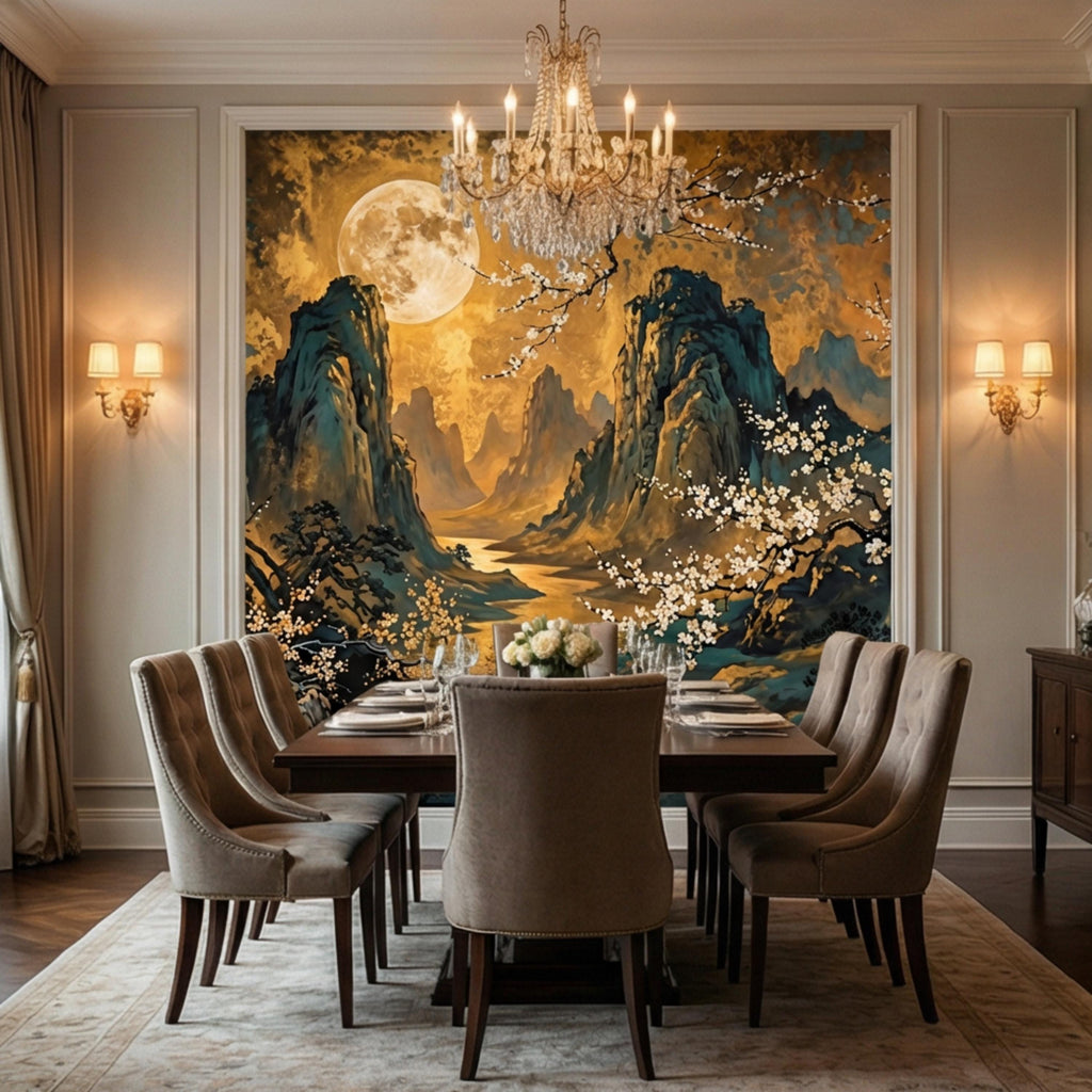 Asian Mountain Landscape Full Moon & Cherry Blossoms Peel and Stick Wall Mural Wallpaper, Japanese Chinoiserie Wallpaper