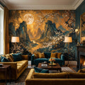 Asian Mountain Landscape Full Moon & Cherry Blossoms Peel and Stick Wall Mural Wallpaper, Japanese Chinoiserie Wallpaper