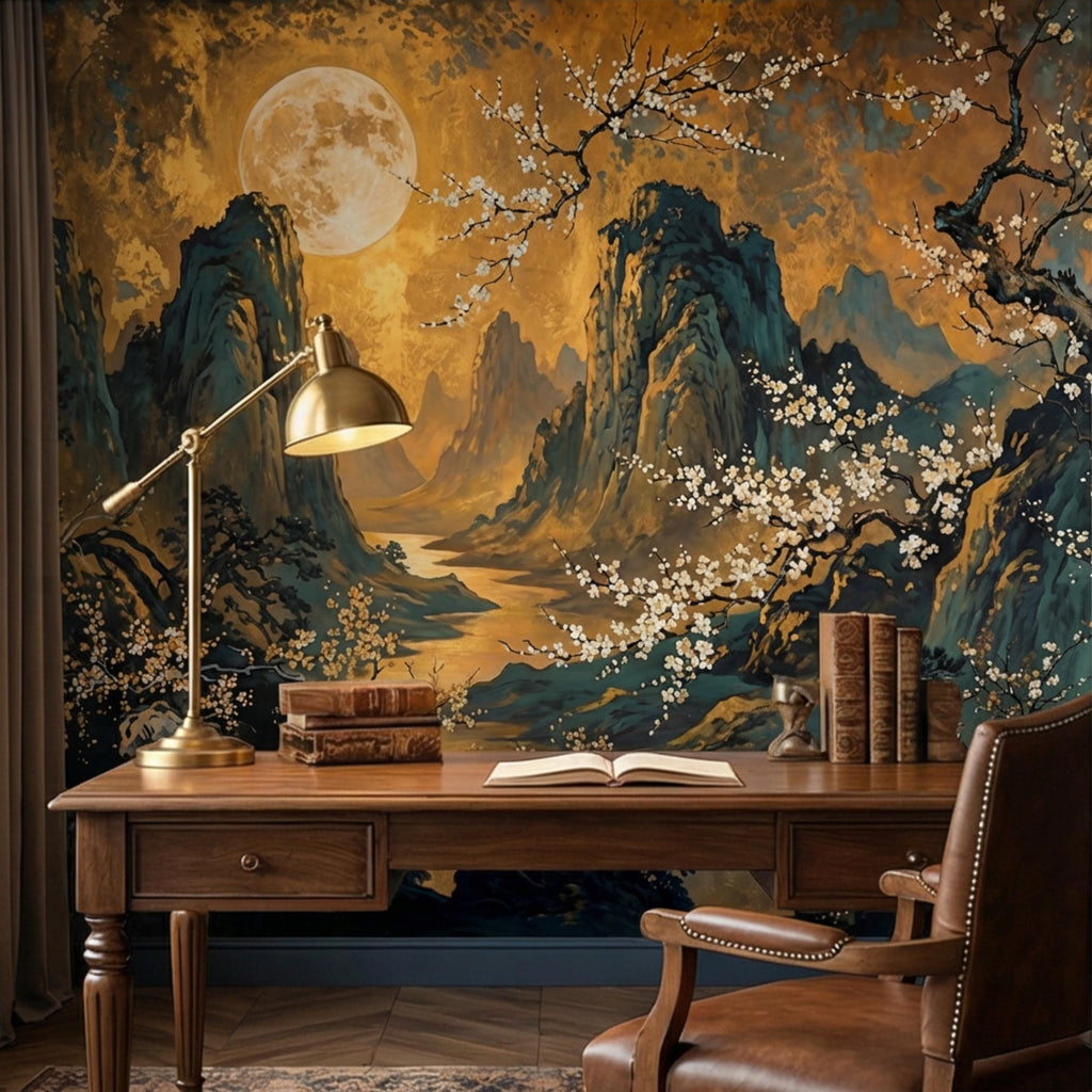 Asian Mountain Landscape Full Moon & Cherry Blossoms Peel and Stick Wall Mural Wallpaper, Japanese Chinoiserie Wallpaper