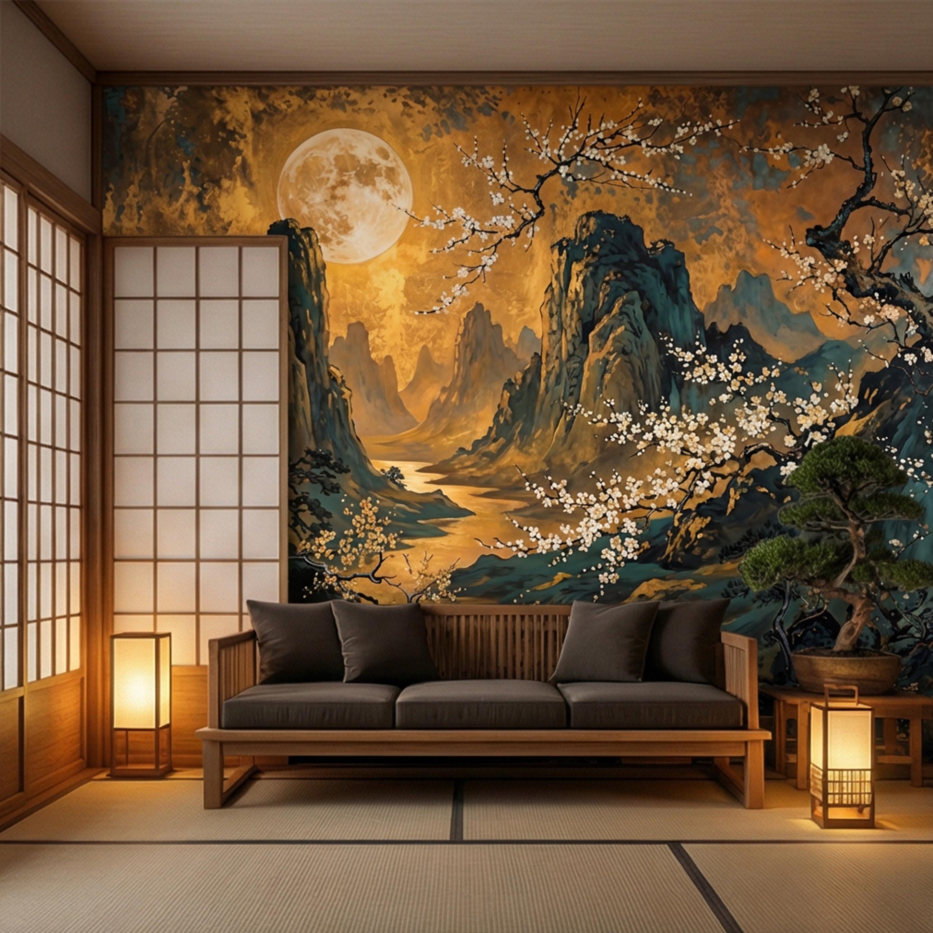 Asian Mountain Landscape Full Moon & Cherry Blossoms Peel and Stick Wall Mural Wallpaper, Japanese Chinoiserie Wallpaper