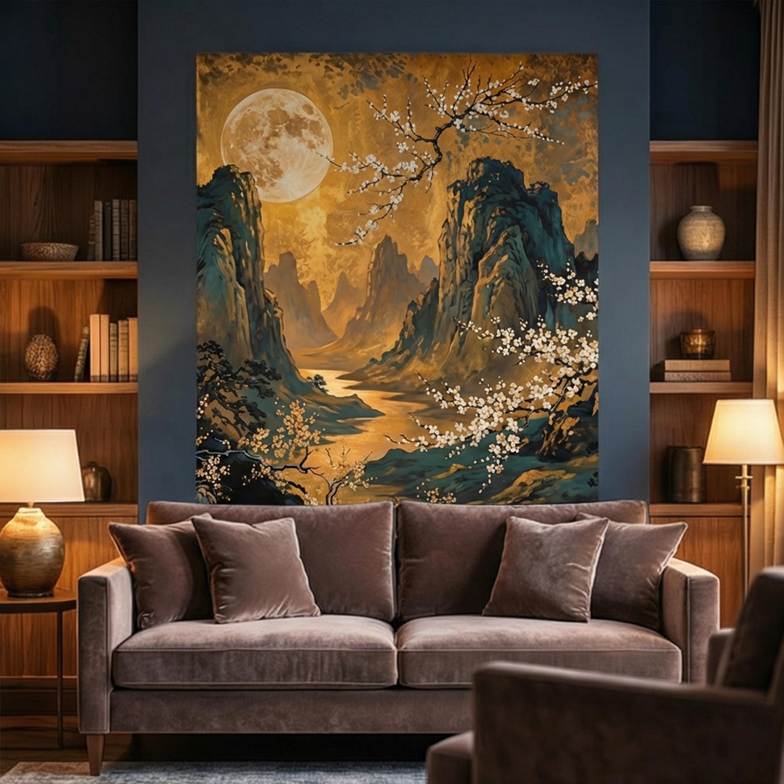 Asian Mountain Landscape Full Moon & Cherry Blossoms Peel and Stick Wall Mural Wallpaper, Japanese Chinoiserie Wallpaper