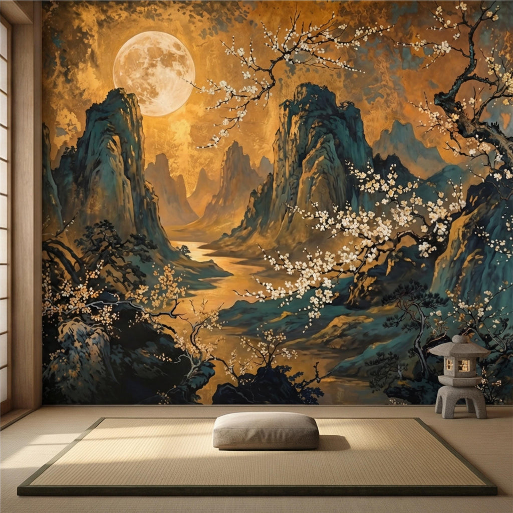 Asian Mountain Landscape Full Moon & Cherry Blossoms Peel and Stick Wall Mural Wallpaper, Japanese Chinoiserie Wallpaper