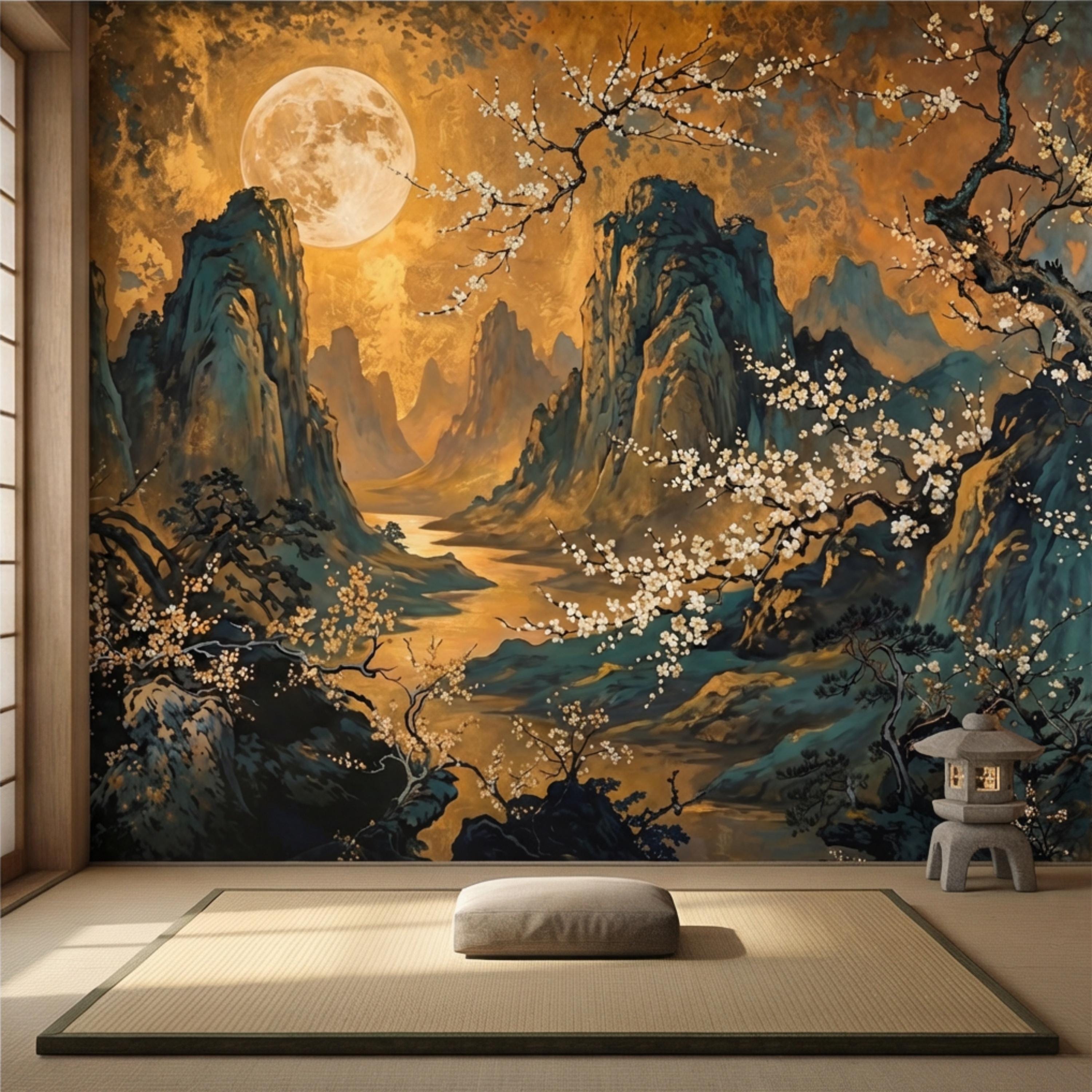 Asian Mountain Landscape Full Moon & Cherry Blossoms Peel and Stick Wall Mural Wallpaper, Japanese Chinoiserie Wallpaper