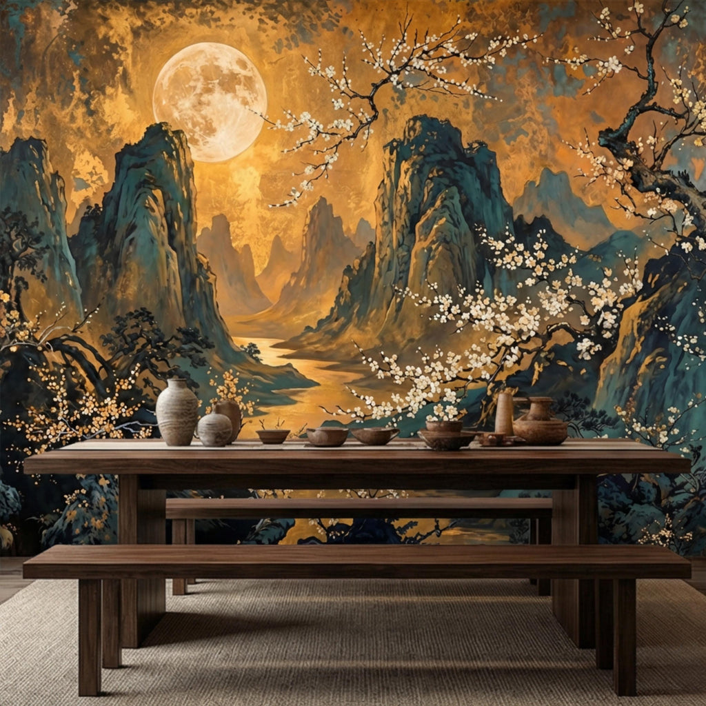 Asian Mountain Landscape Full Moon & Cherry Blossoms Peel and Stick Wall Mural Wallpaper, Japanese Chinoiserie Wallpaper