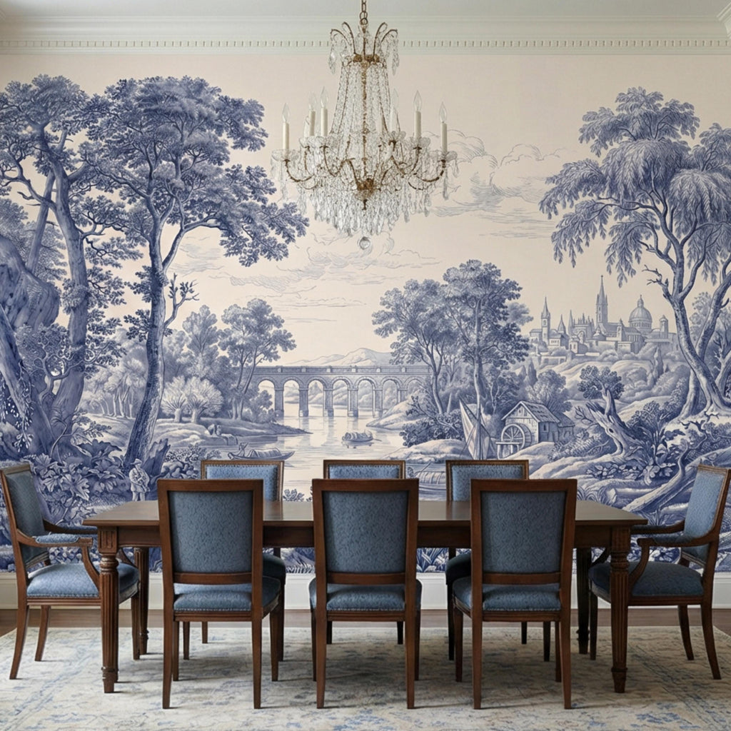 Blue Toile de Jouy French Country Pastoral River Landscape Peel and Stick Wall Mural, Vintage Scenic Wallpaper